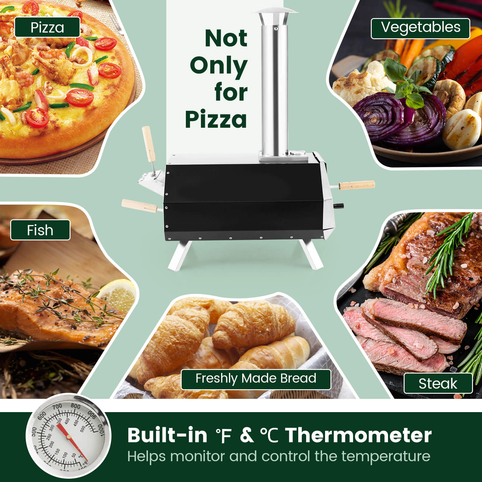 SUGIFT Black Outdoor Pizza Oven with 3-Layer Insulation 12-in Pizza Stone Thermometer and Foldable Legs