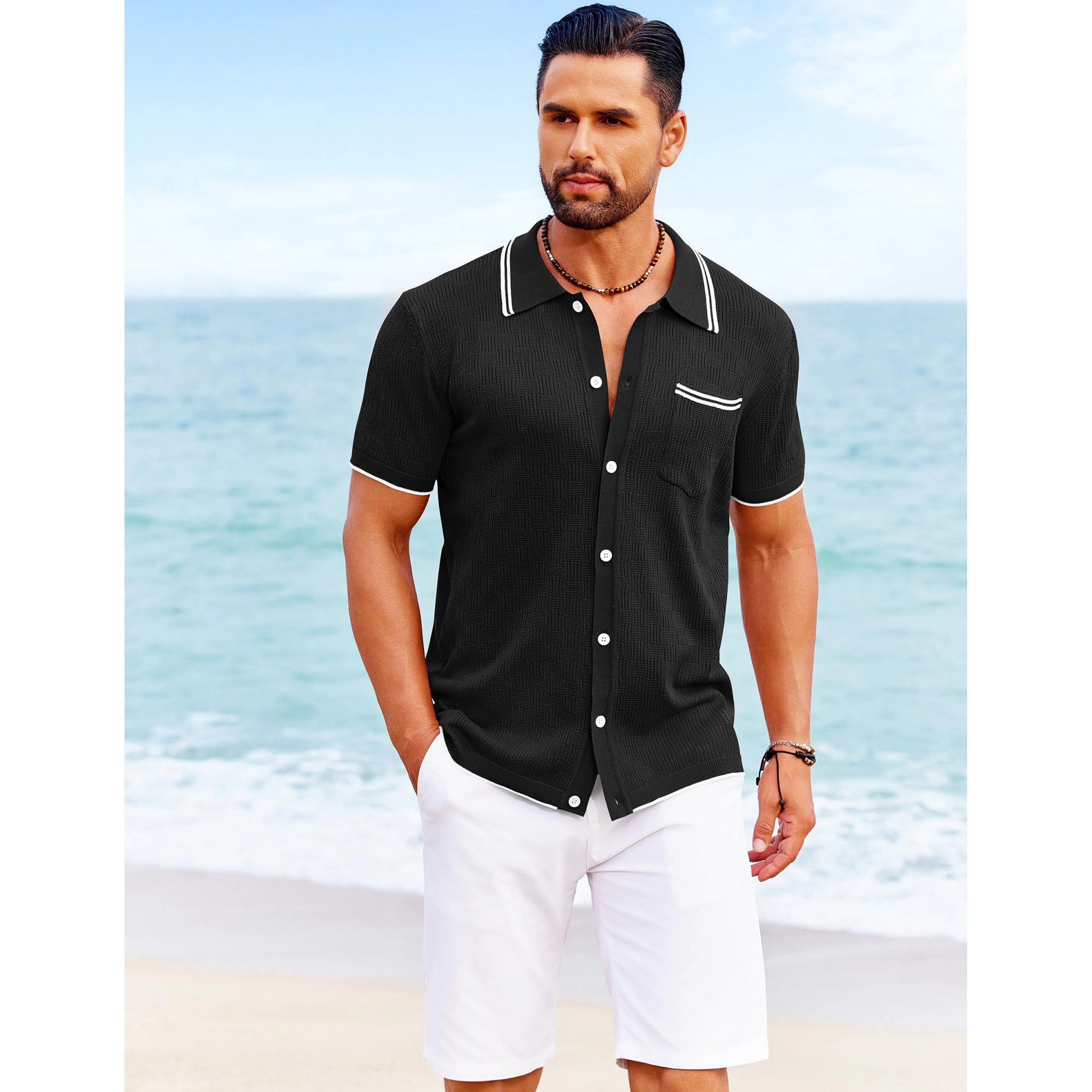 COOFANDY Mens Short Sleeve Button Down Shirts  Textured Collared Polo Tops