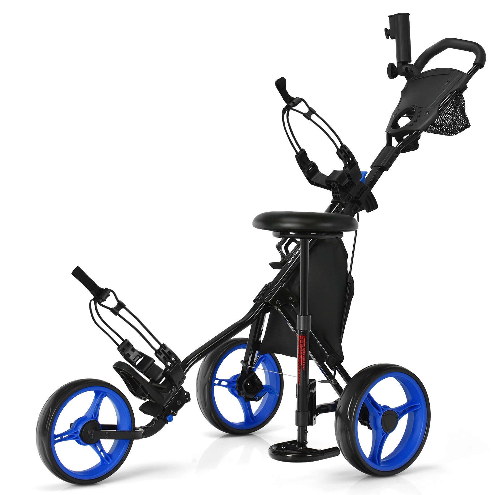 SUGIFT Blue Seat Scoreboard and Adjustable Handle 3-Wheel Folding Golf Push Cart