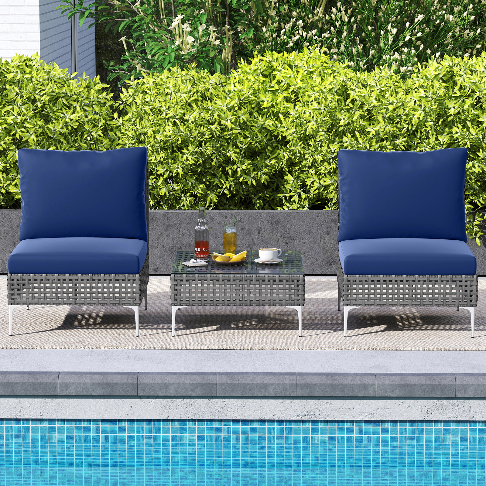 LJG 3 Pieces PE Rattan Conversation Chairs with Tempered Glass Coffee Table for Garden Porch