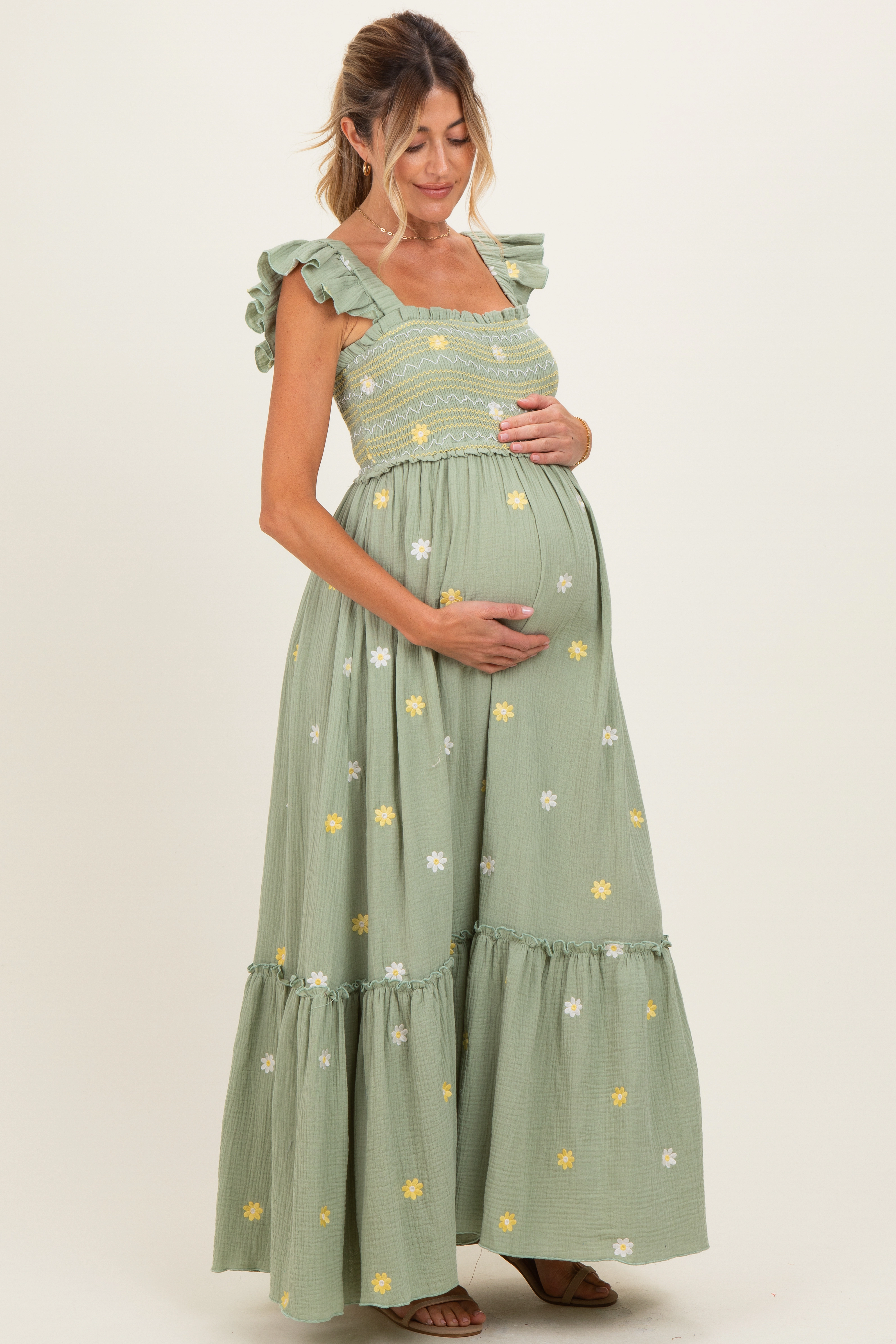PinkBlush Womens Peach Floral Embroidered Smocked Maternity Maxi Dress