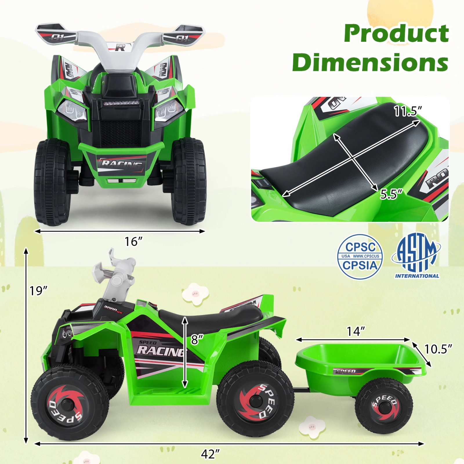 SUGIFT 6V Electric Kids Ride-On ATV Quad Car with Detachable Trailer 66-lb Capacity Ages 3+ Multi-Terrain Wheels Green