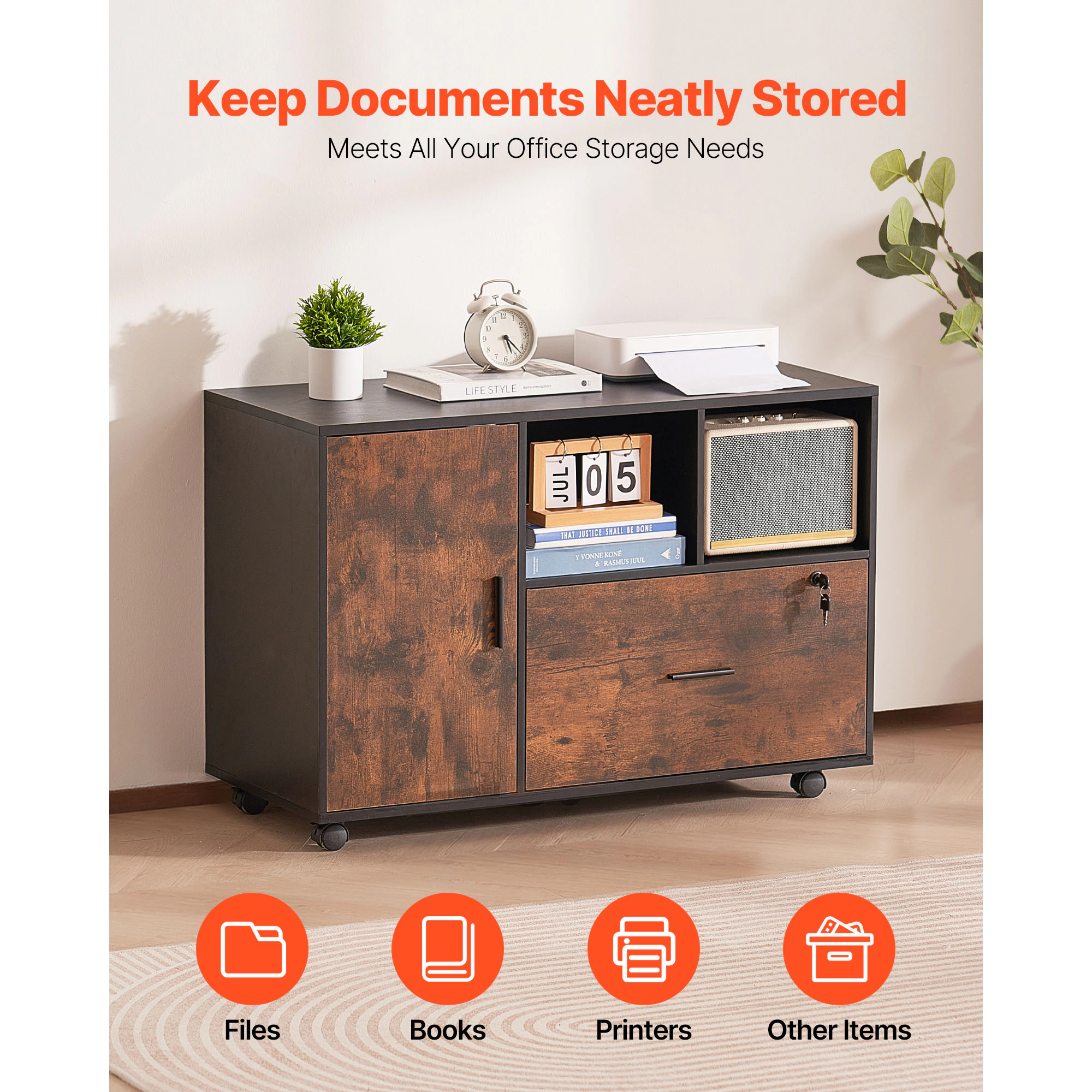 HONGGE Mobile Filing Cabinet with Lockable Rolling File Storage and Shelves Standing Printer Stand for Home Office