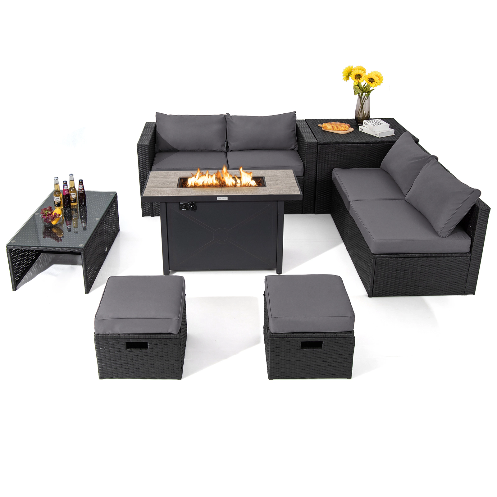 LJG 9 Pieces Outdoor PE Rattan Wicker Sectional Sofa with 42 Inch 60 000 BTU Gas Fire Pit Table