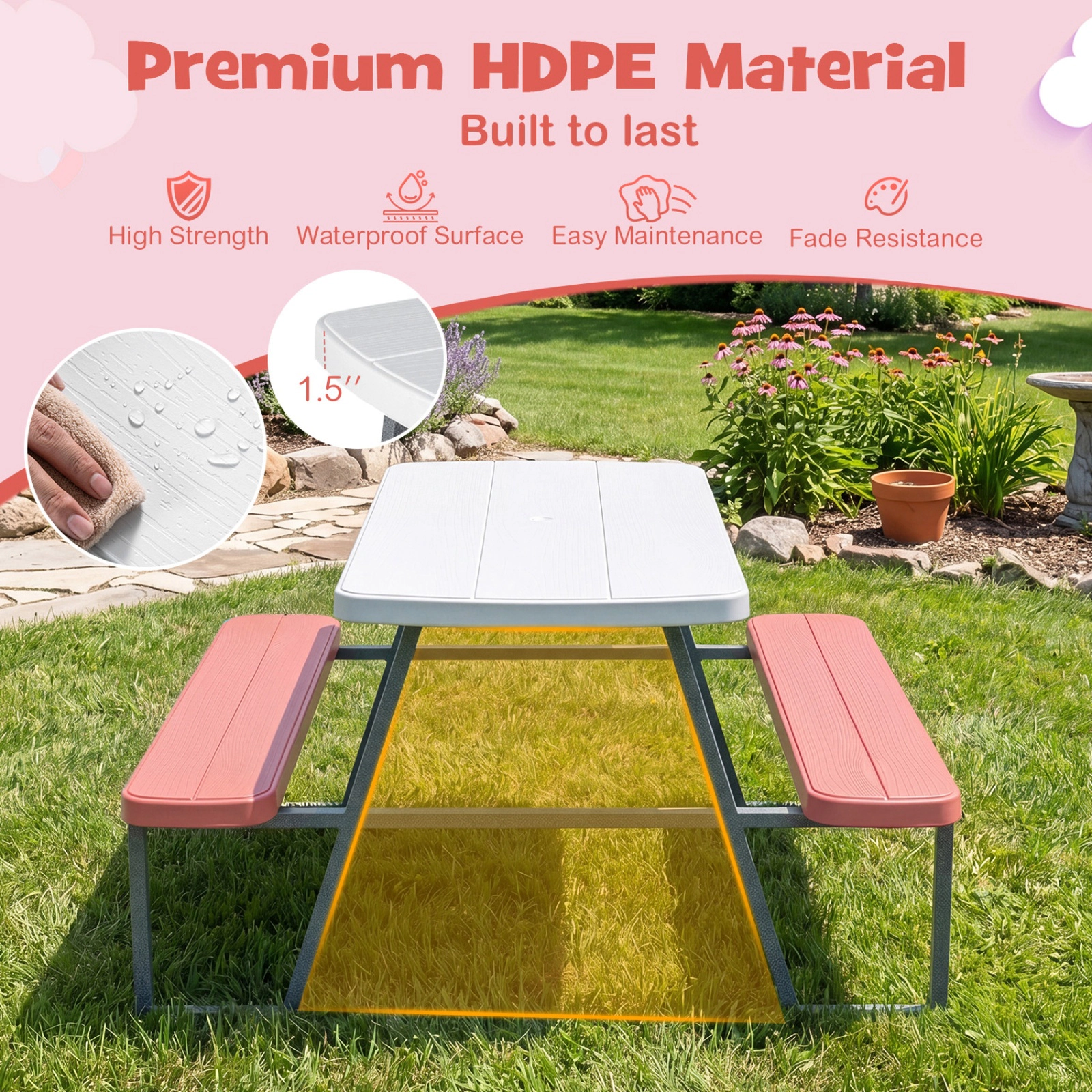 SUGIFT Kids Picnic Table with Benches Pink Seats 4 with Removable Umbrella