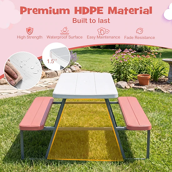 SUGIFT Kids Picnic Table with Benches Pink Seats 4 with Removable Umbrella