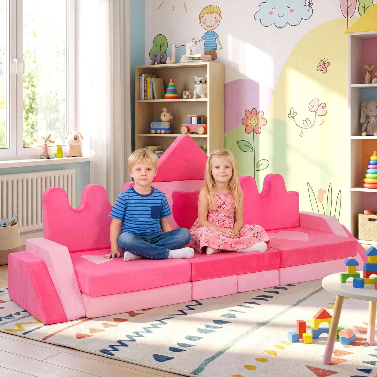 SUGIFT 14-Piece Kids Modular Foam Play Couch, Climbing Blocks, Soft Pink