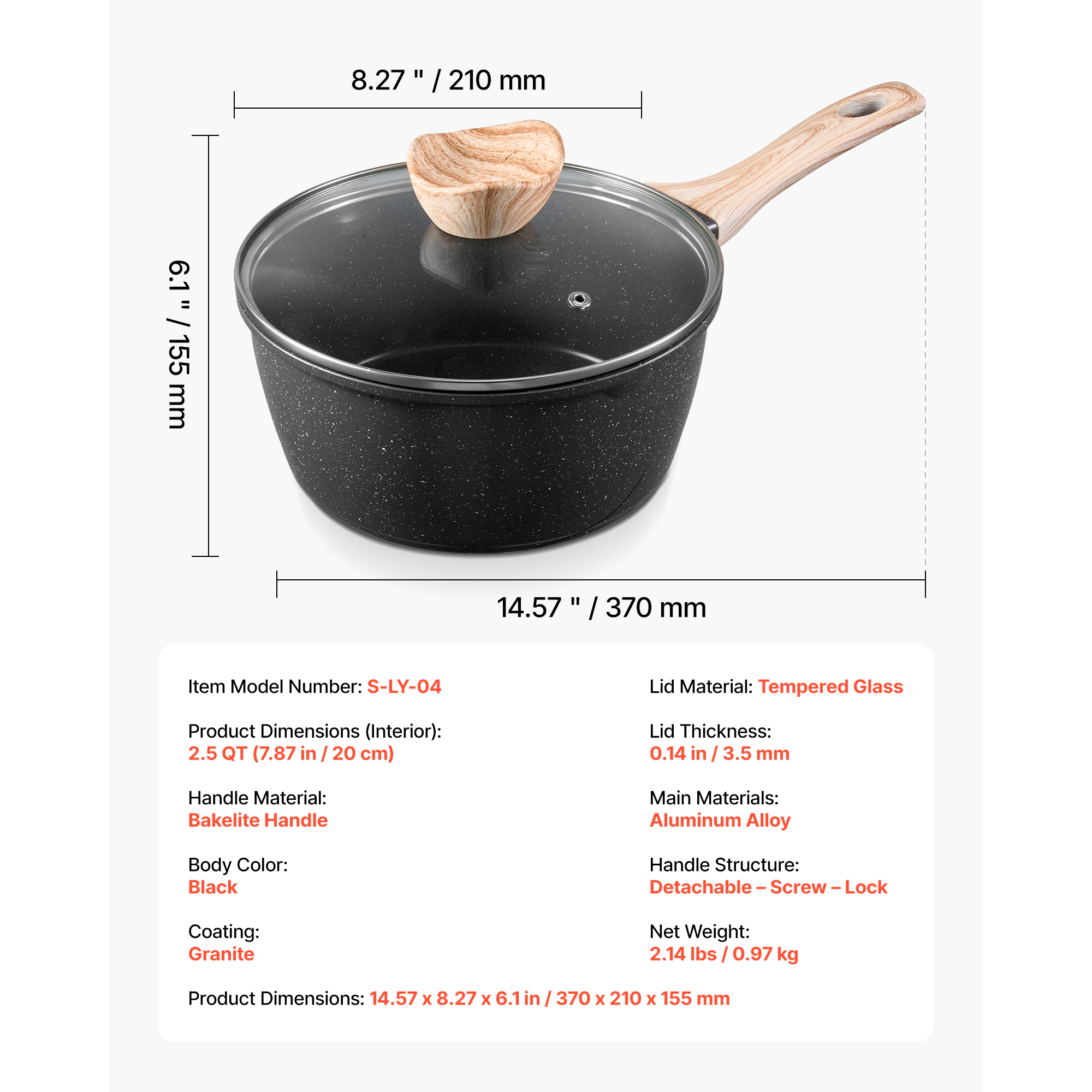 HONGGE Saucepan Nonstick Saucepan with Tempered Glass Lid Multipurpose Cooking Sauce Pot with Detachable Handle Sauce