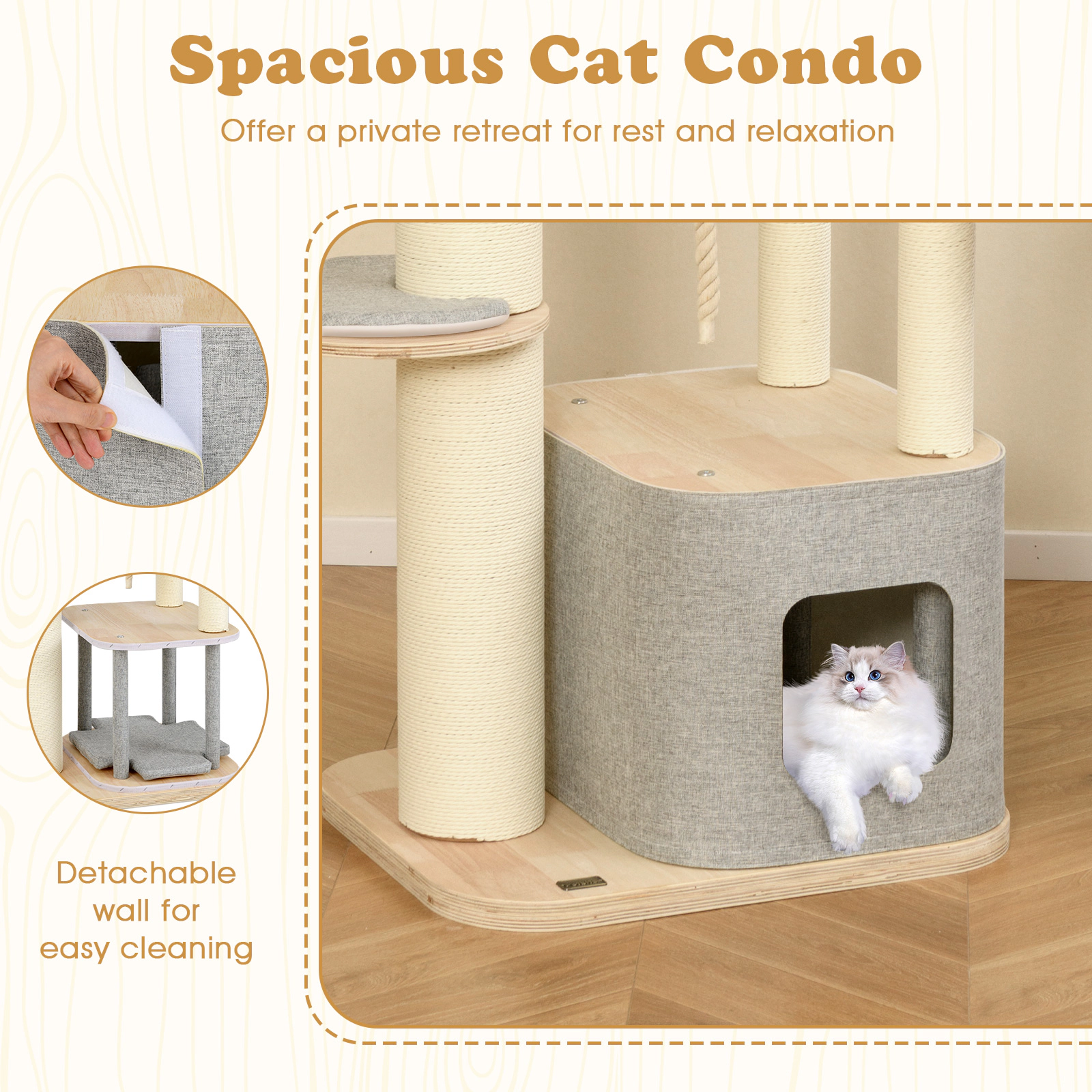 Glintex 63-Inch Cat Tower with Detachable Condo Wall Linen Cushions and Hammock, Natural