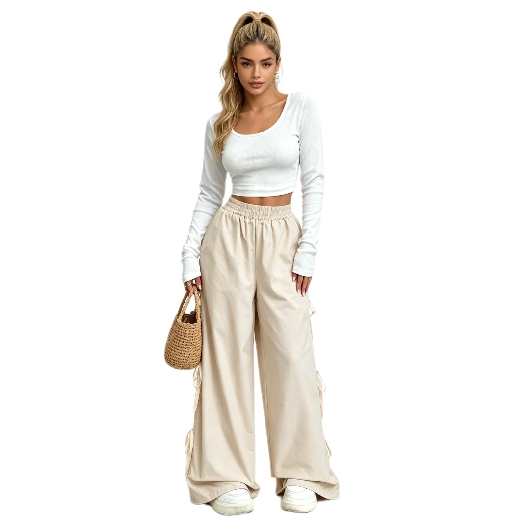 Coolmee Women’s Casual Girly Side Bow Wide Leg Pants Lightweight Elastic Waist Trousers with Pockets