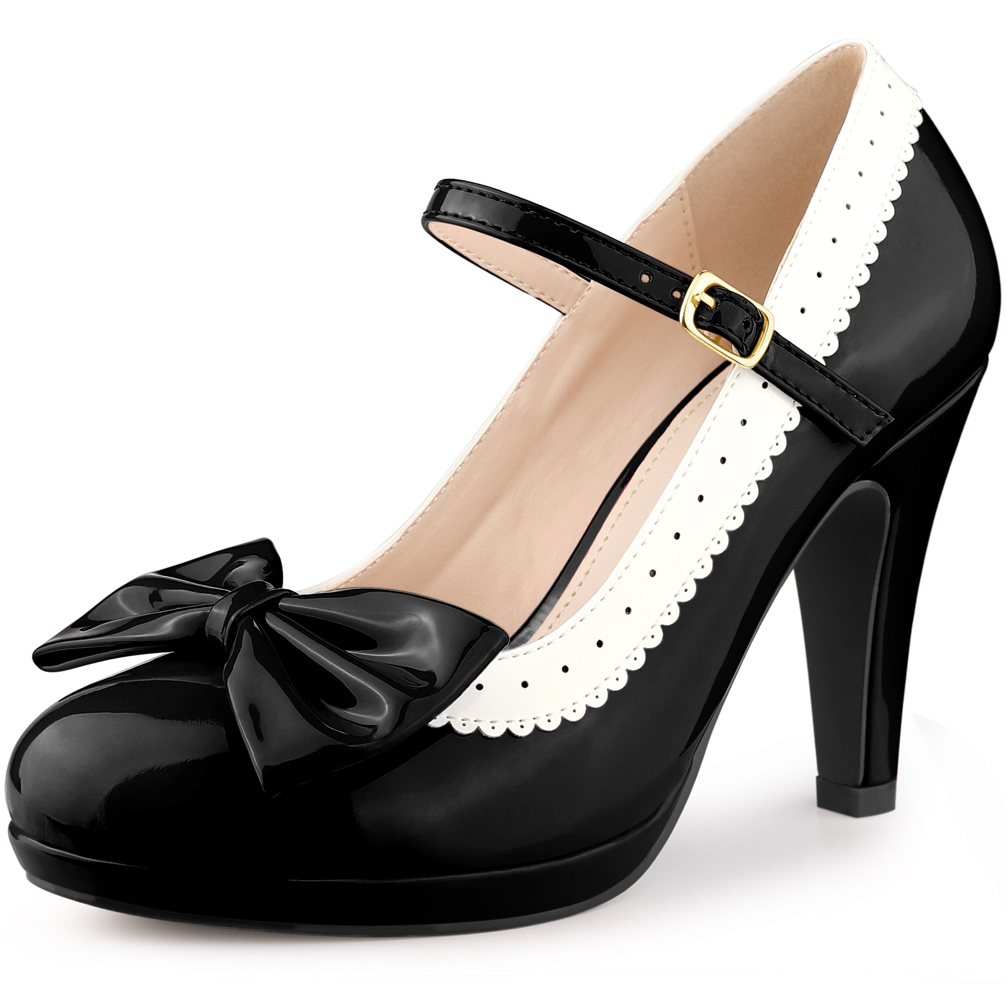 BLISSFUL STEP Women's Bow Platform Ankle Strap Stiletto Heels Pumps