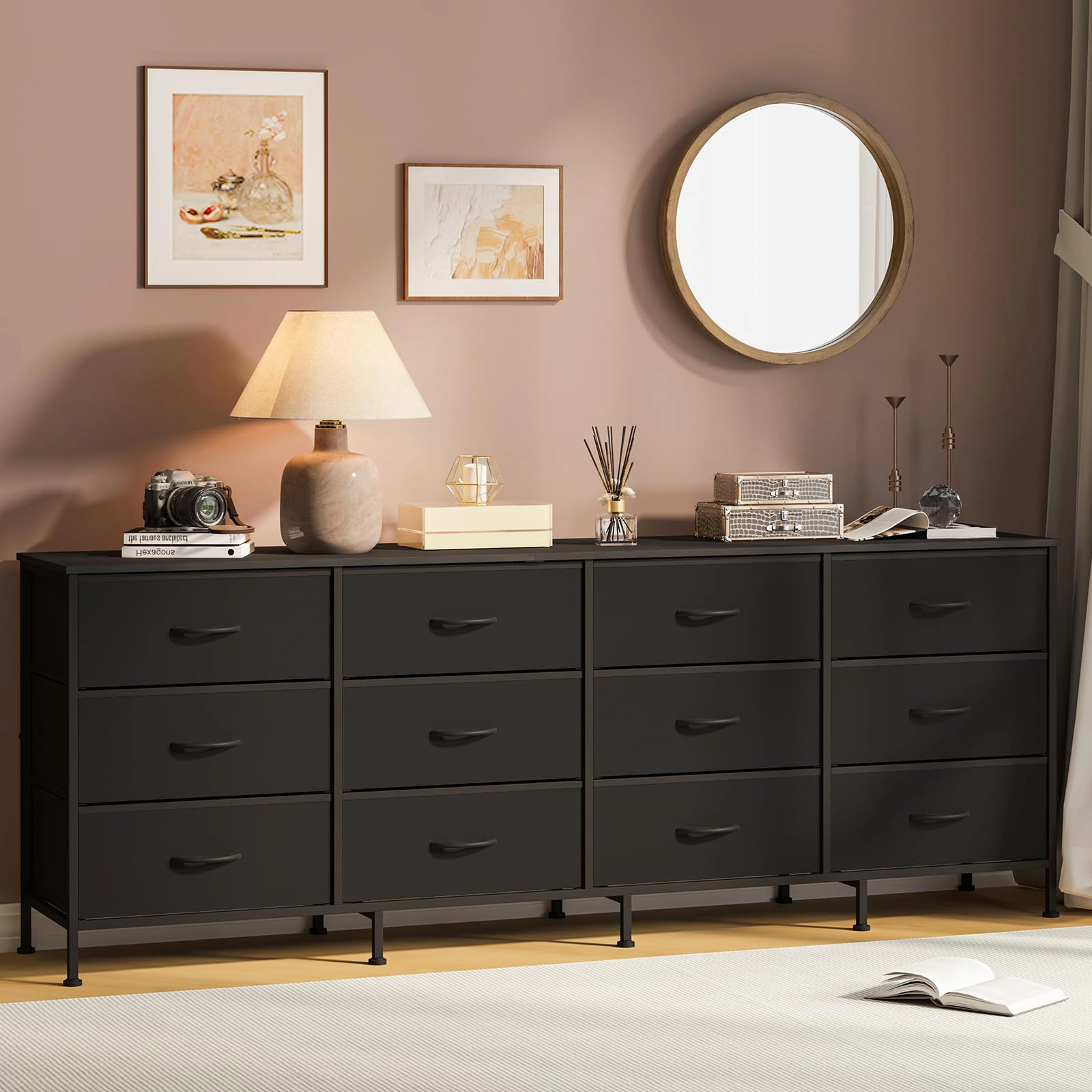 70.8" 12 Drawer Fabric Dresser TV Stand for Up to 80" with Wood Top