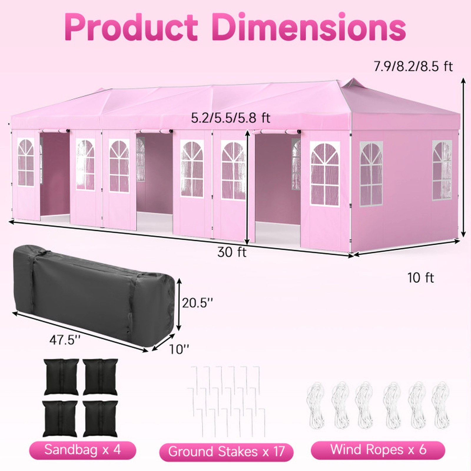 SUGIFT Pink Adjustable Pop Up Party Canopy Tent with 8 Sidewalls and 17 Ground Stakes 30-ft W 10-ft D 8.5-ft H