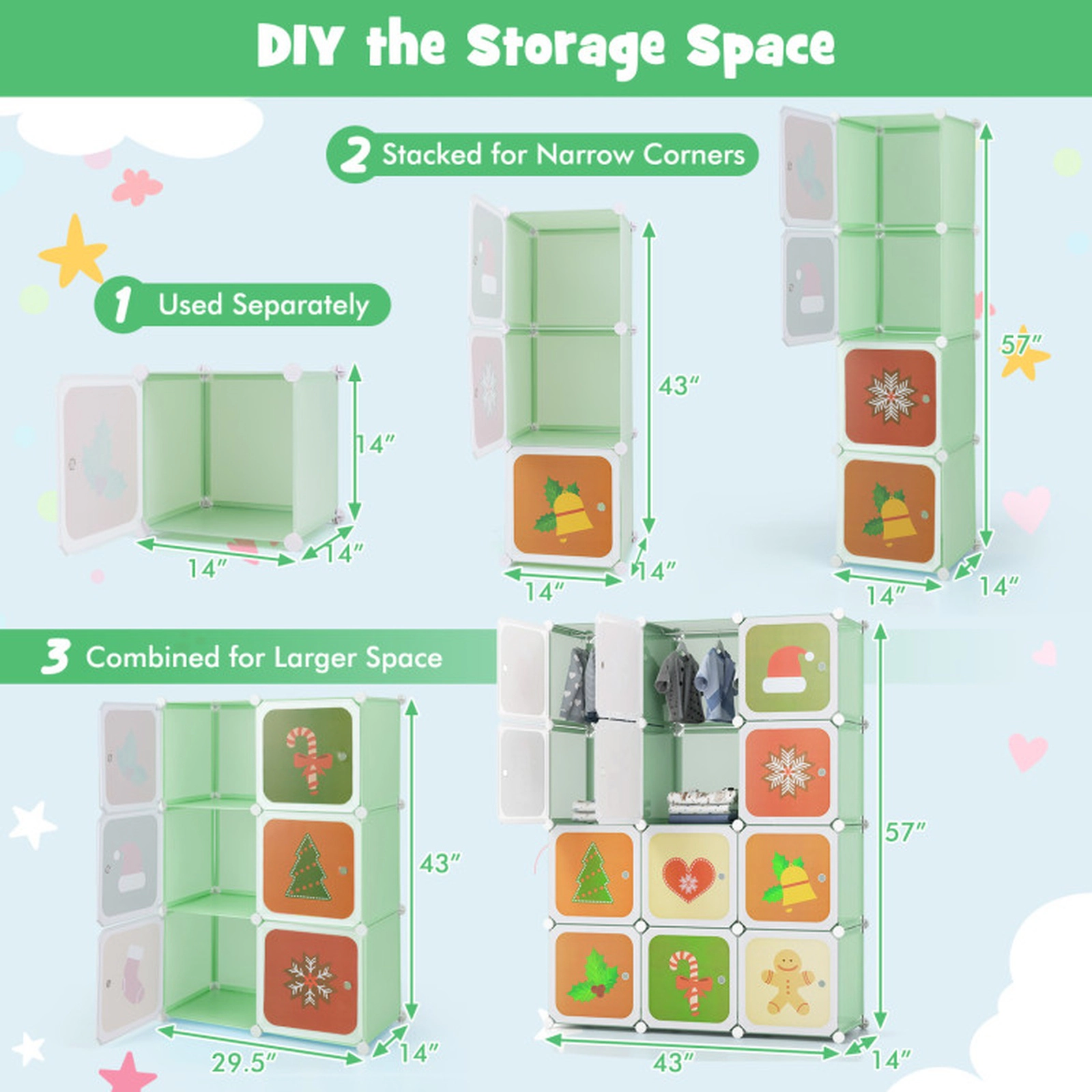SUGIFT Kids 12-Cube Holiday Print Doors Hanging Section Wardrobe Closet 43-in x 14-in x 57-in 22-lb per Cube Green