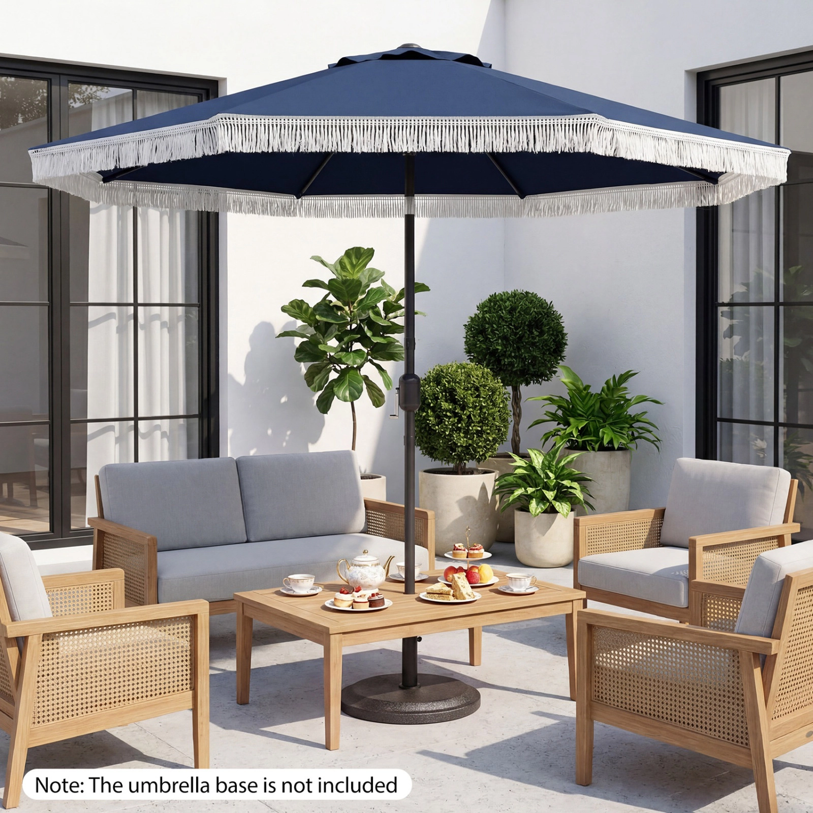 SUGIFT 9-ft Navy Patio Umbrella with Tassel Fringe Scalloped Canopy 25-Degree Tilt Safety Latch and 8 Ribs