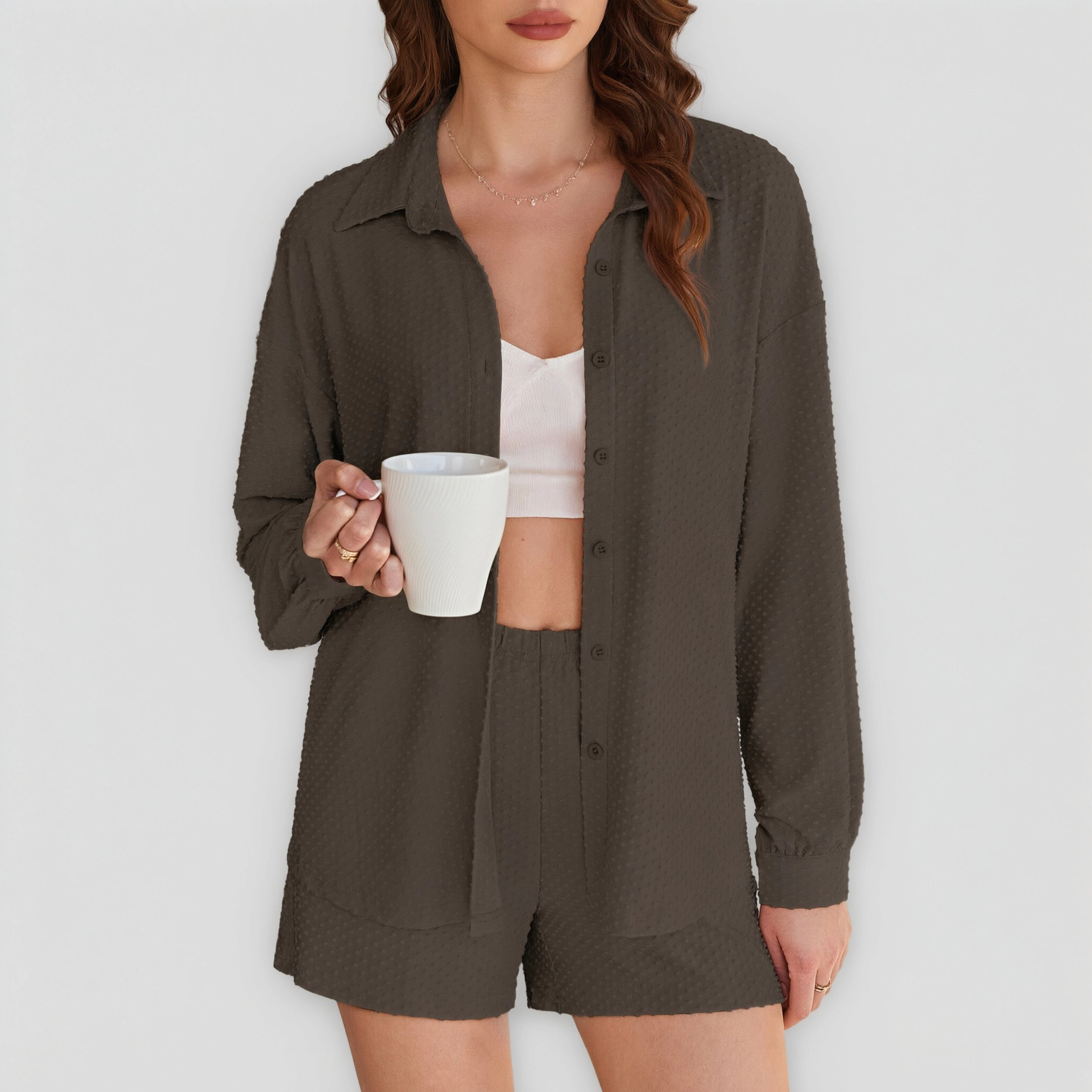Ekouaer Two Piece Sets for Women Lounge Button Down Matching Shorts with Pockets Swiss Dot Outfits