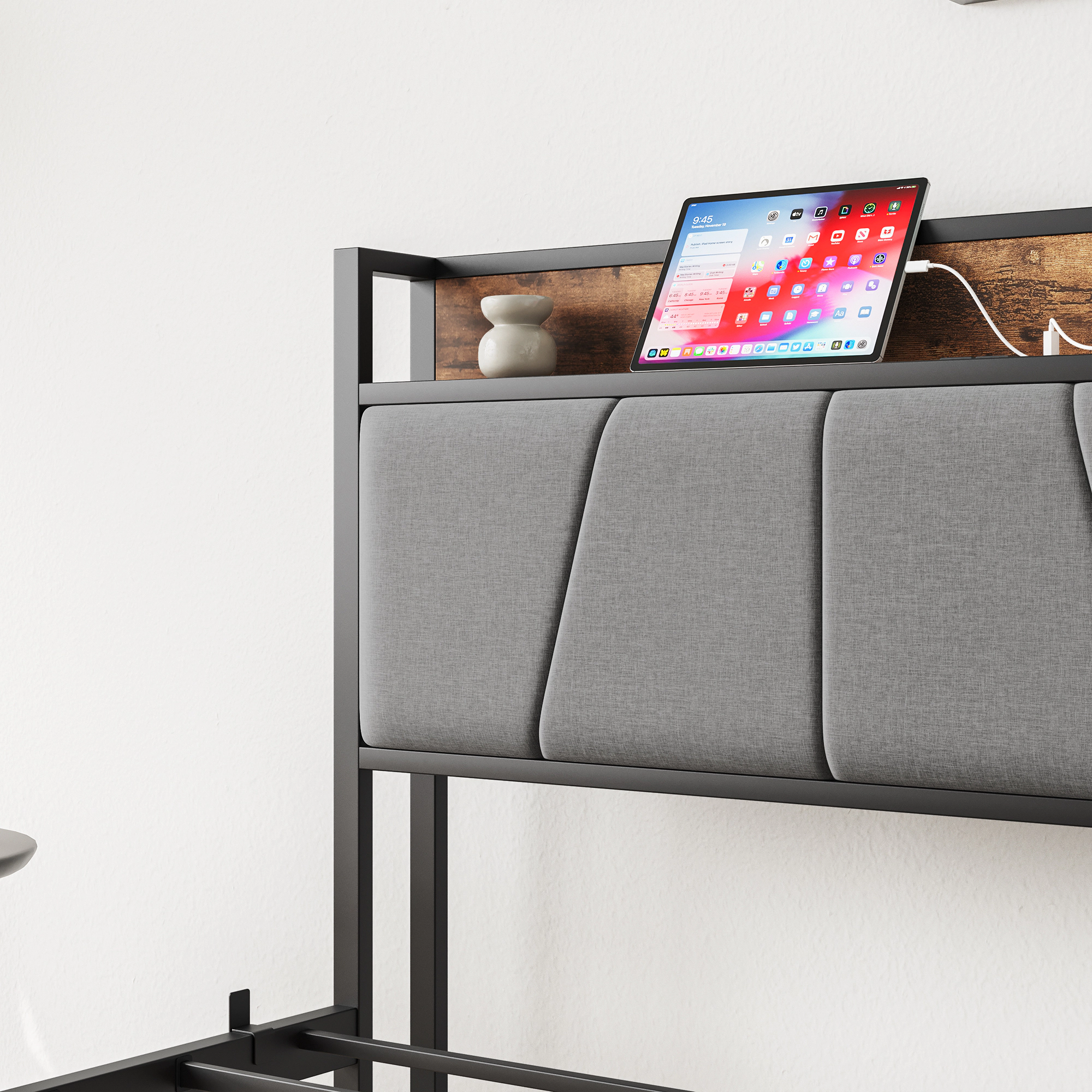 Flynama Twin Bed Frame with Storage Headboard & Charging Station, No Box Spring Needed