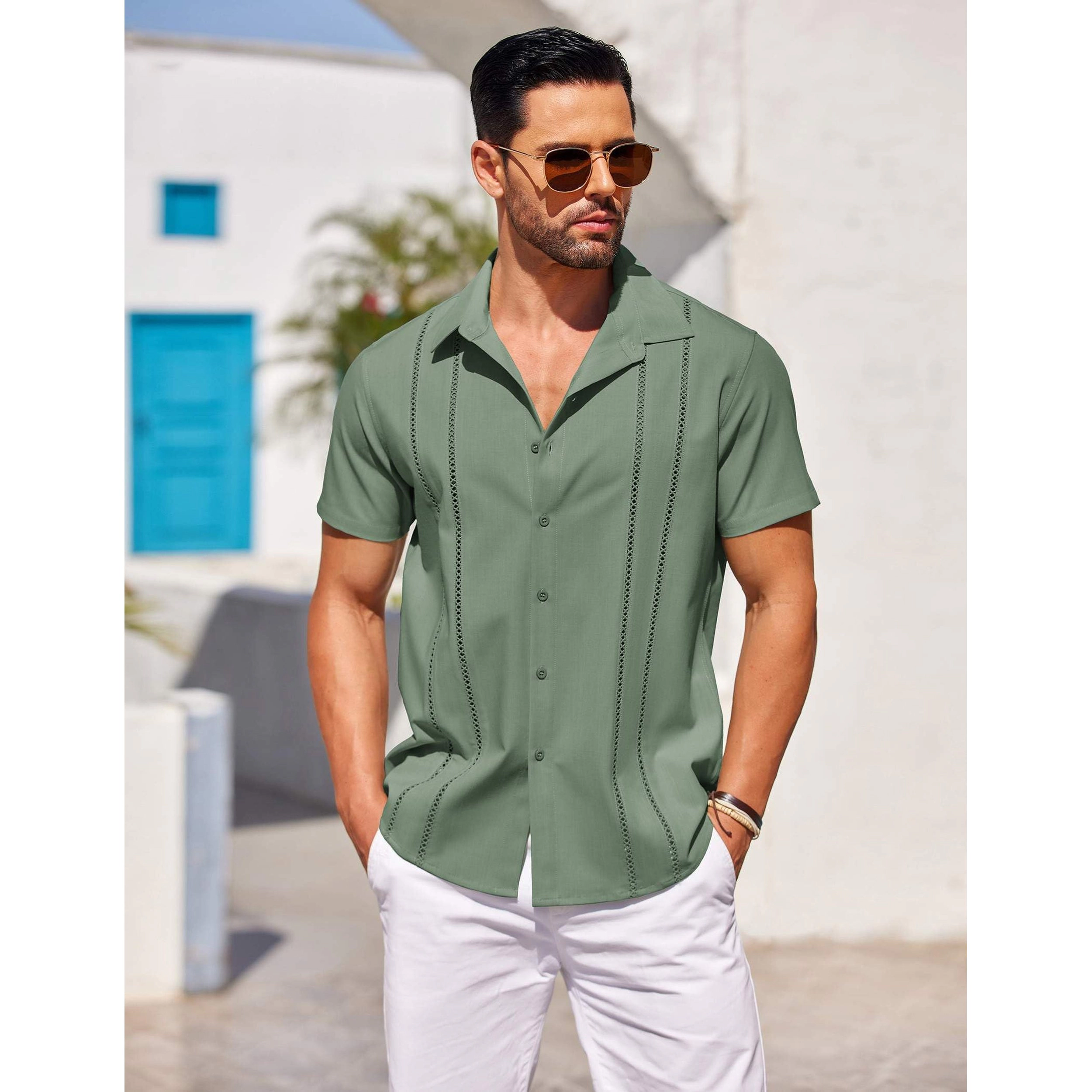 COOFANDY Mens Short Sleeve Button Down Shirts Dressy Lace Stripe Casual  Tops