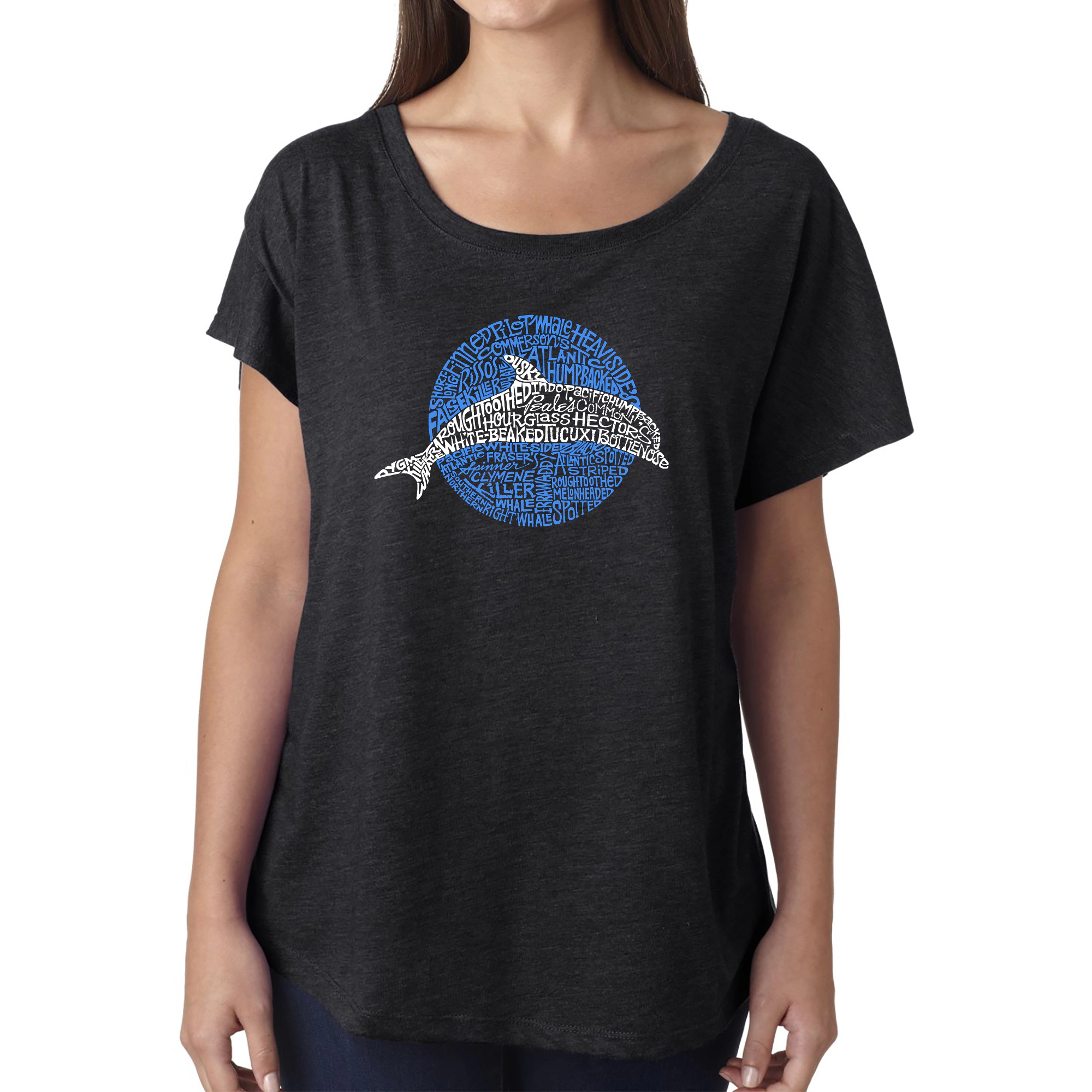 LA Pop Art Women's Dolman Word Shirt - Species of Dolphin