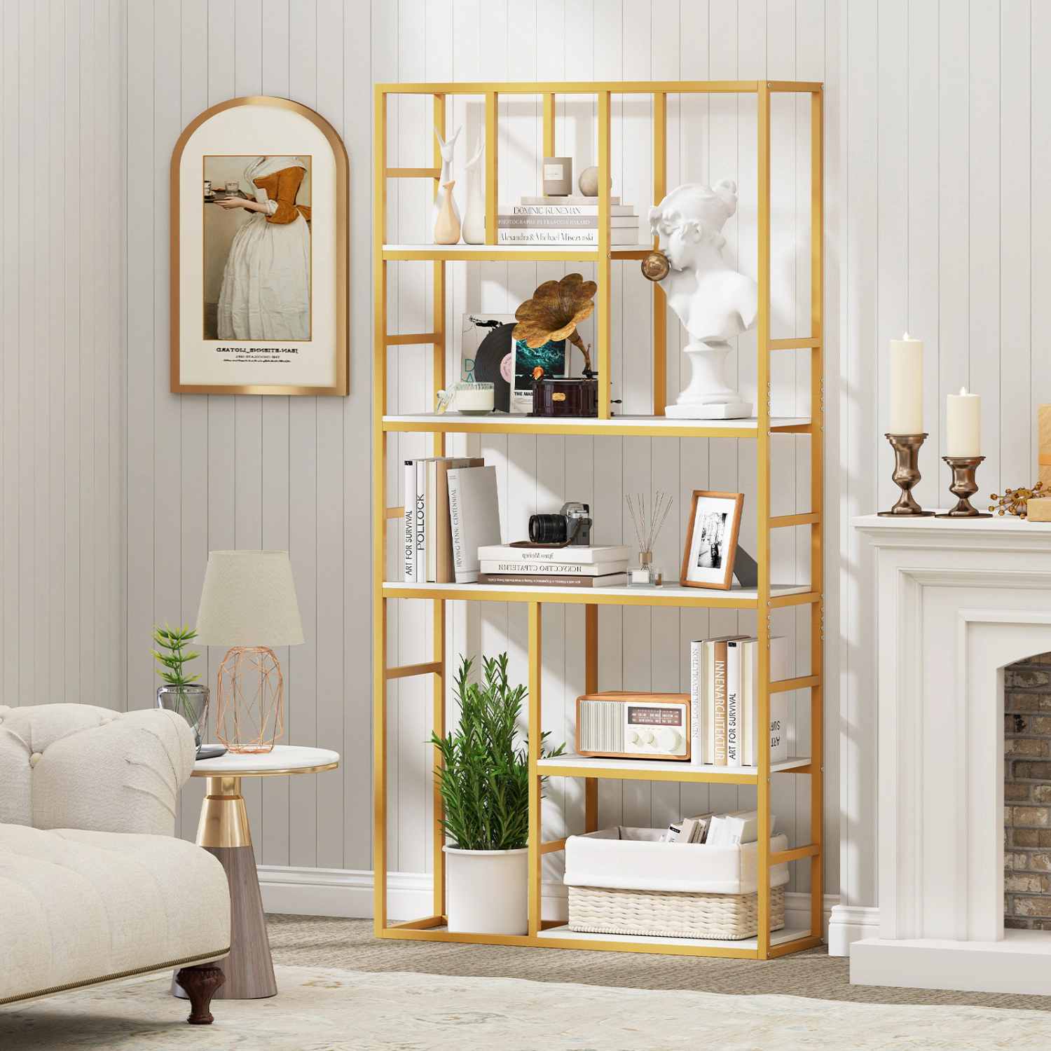 LJG 71 Inch Tall Bookshelf Metal Frame 5-Tier Geometric Bookcase