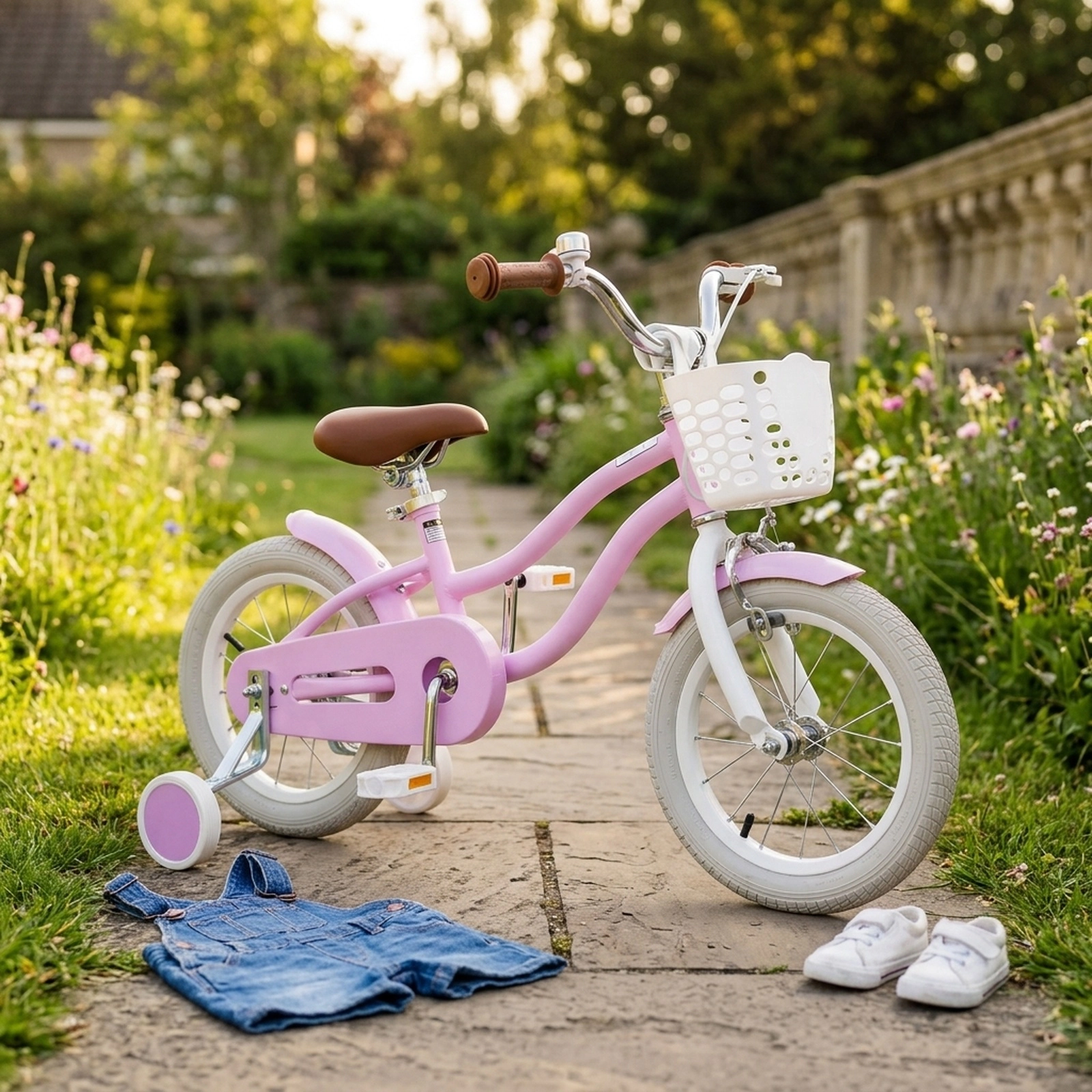 14-in Girls Bike Removable Front Basket Training Wheels Padded Saddle and Dual Brakes for Toddlers Ages 3-5 Purple
