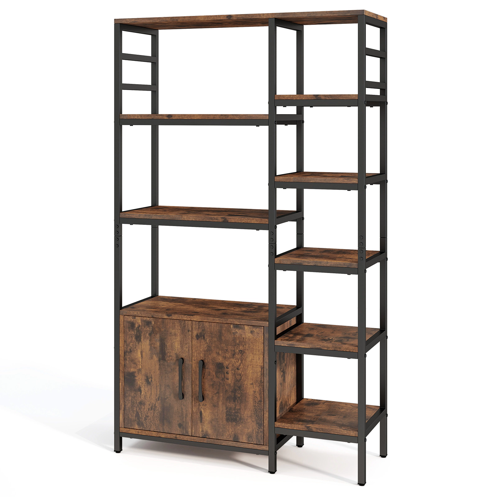 SUGIFT Rustic Brown Double Wide 8-Tier Bookshelf with 2-Door Cabinet