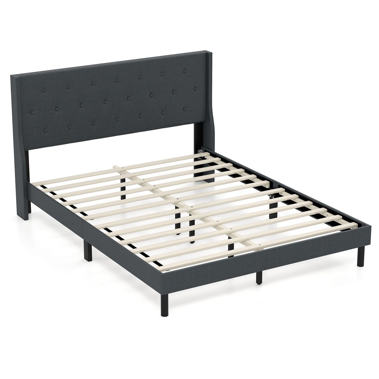 LJG Queen Size Upholstered Bed Frame with Button Tufted Wingback Headboard and Wooden Slats Support Mattress Foundation