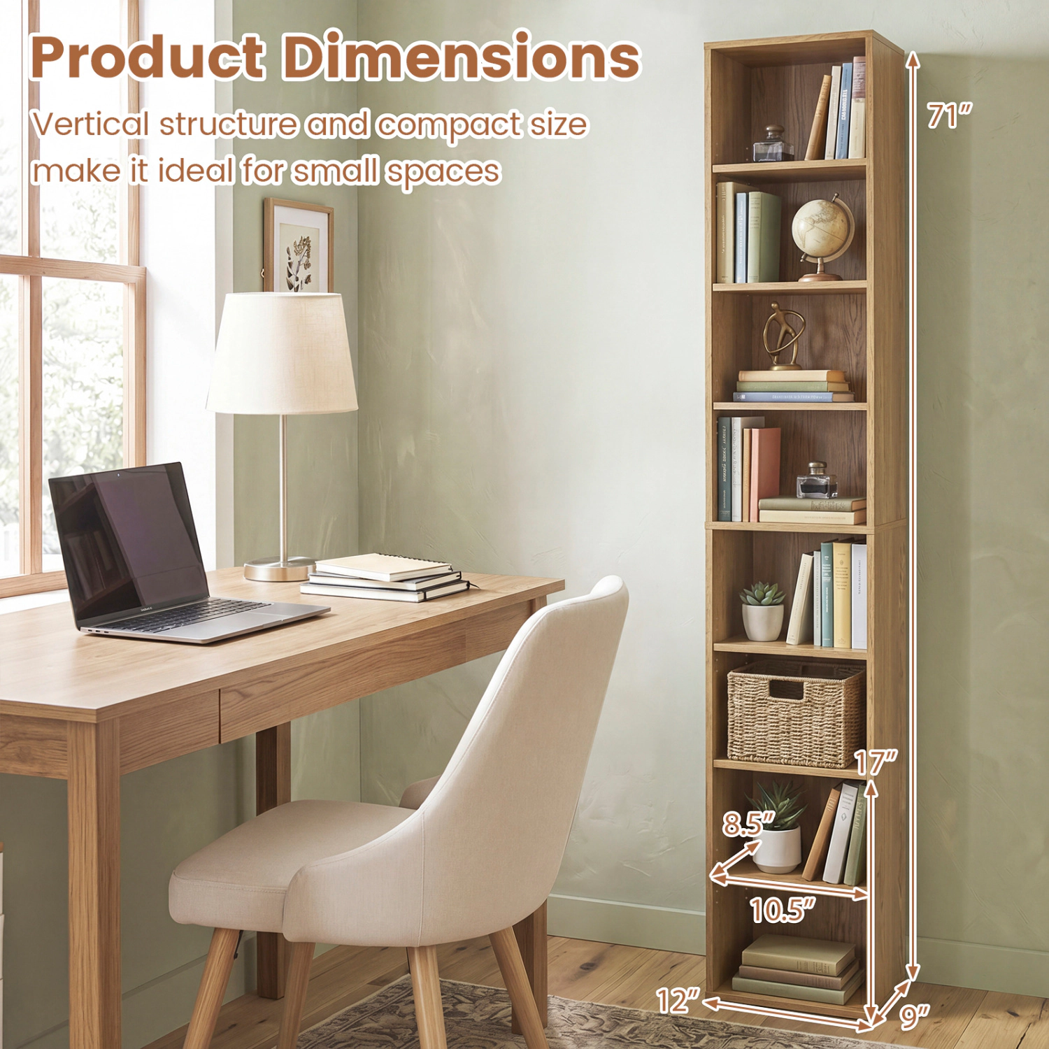 LJG 8-Tier Narrow Bookshelf with 4 Adjustable Shelves and Storage Cubes