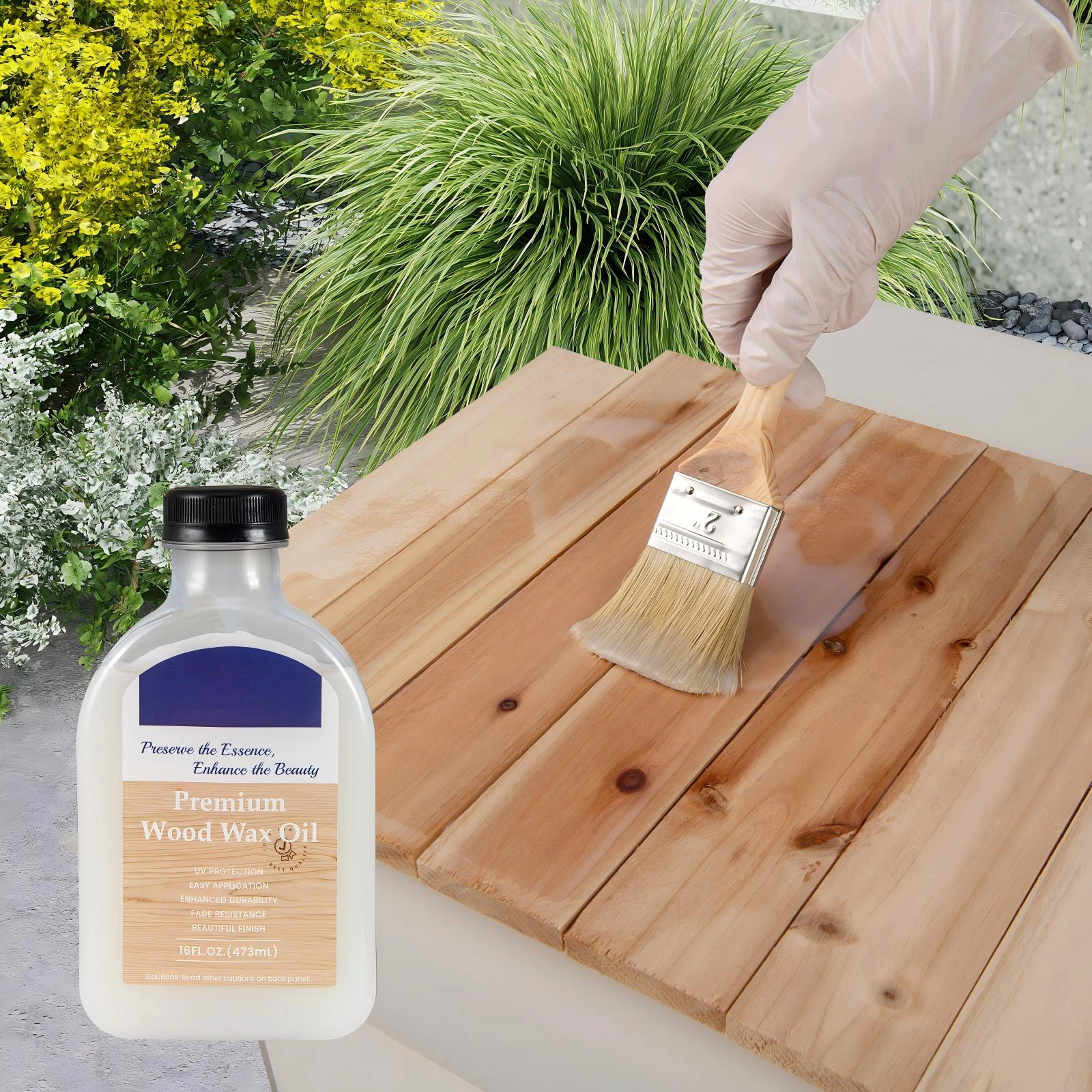 SUGIFT Clear Teak Wood Wax Oil Care Kit with 2 Brushes and Duster Cloth 16-oz Bottle 4-in W 1.5-in D 7-in H