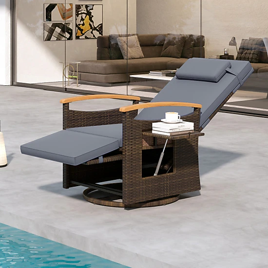 Hivvago Patio Rattan 360 Degree Swivel Recliner Chair With Adjustable Backrest And Footrest