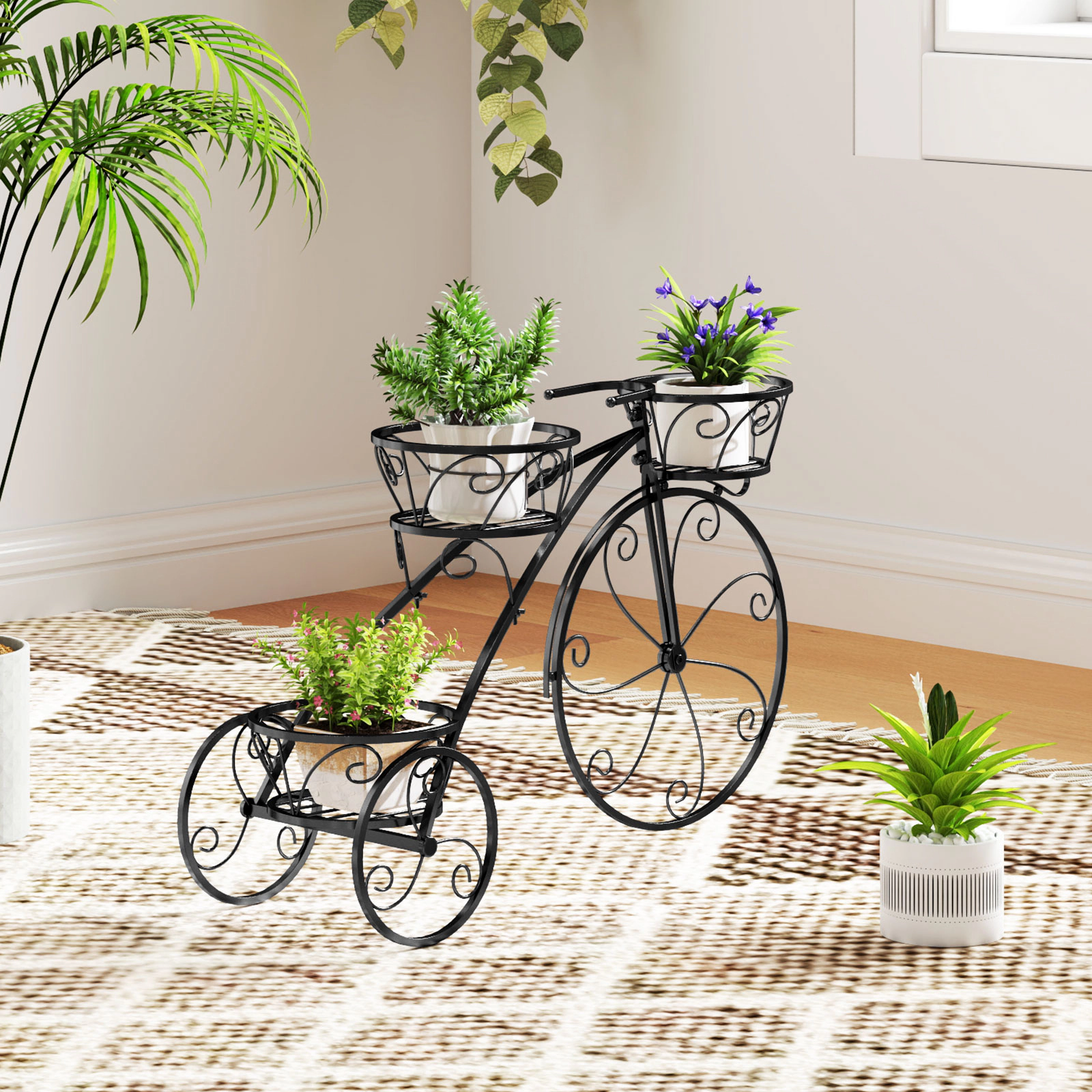LJG Tricycle Plant Stand Flower Pot Cart Holder with 3 Hollowed Baskets