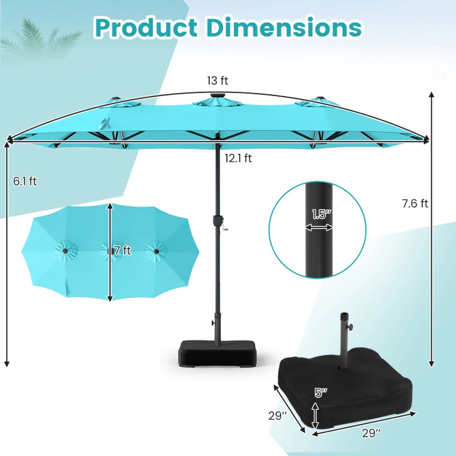 SUGIFT 13-ft Double-Sided Patio Umbrella with 108 LED Lights, Solar Panel, Crank Handle & 135-lb Fillable Base Turquoise
