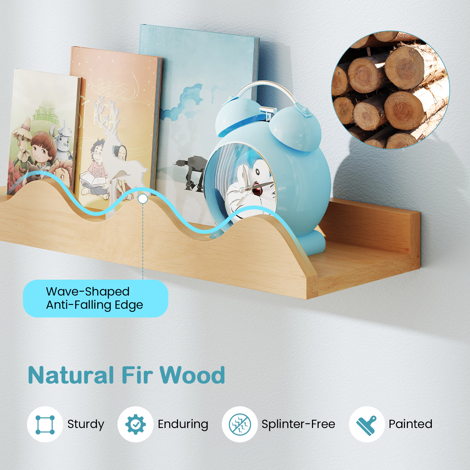 SUGIFT Set of 4 Natural 16-in Wall Mounted Floating Bookshelf Ledges for Toy Picture and Book Display