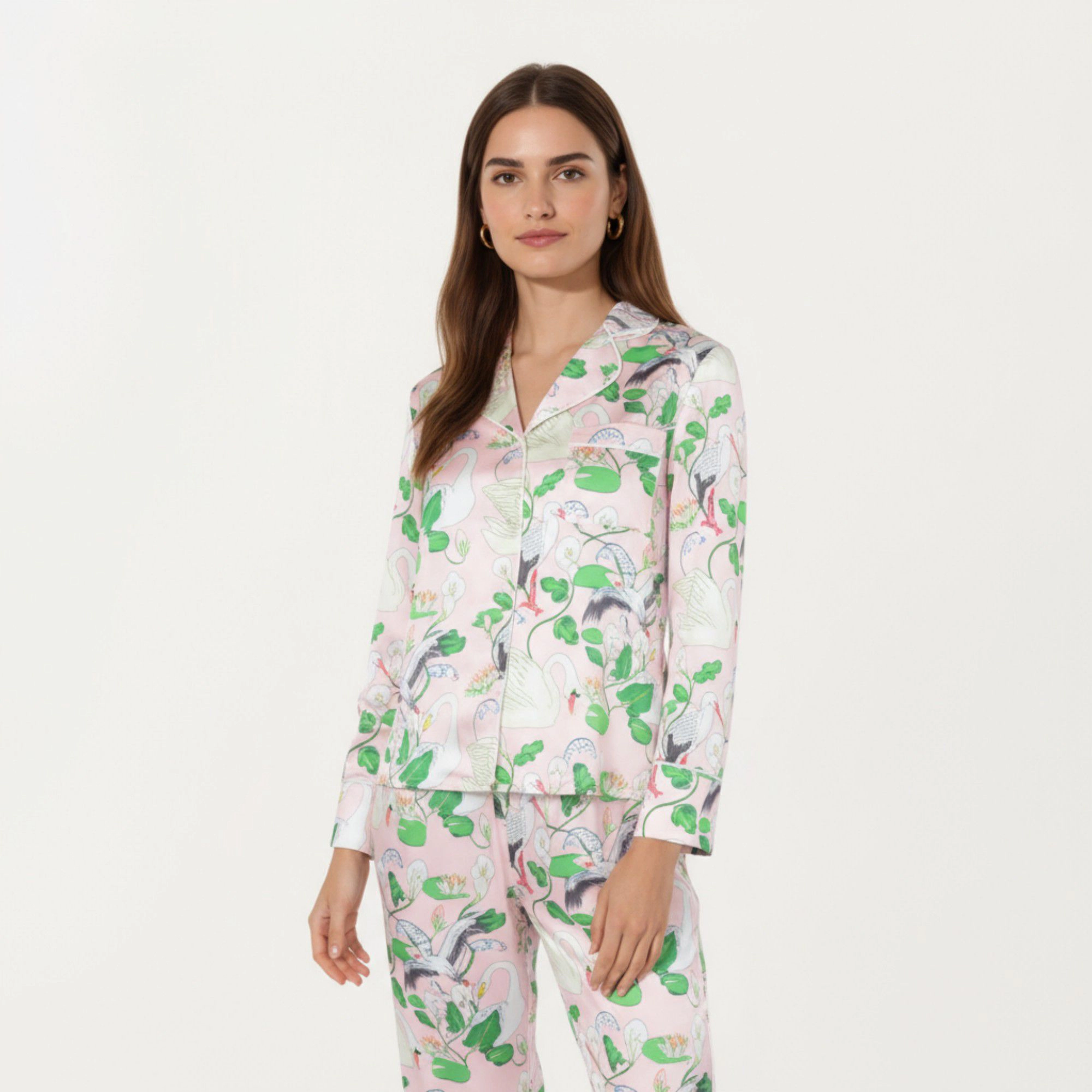 Anna-Kaci Women's 2-Piece Long Sleeve Button Front Pajama Set with Crane Print and Soft Silky Fabric for Relaxed Comfort