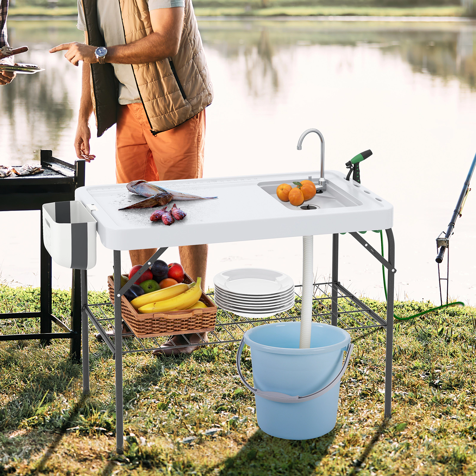 LJG 2 in 1 Folding Fish Cleaning Table with Sink and Faucet for Patio BBQ