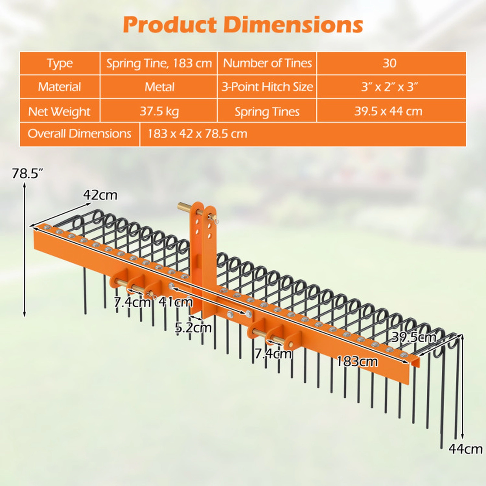 SUGIFT 72-in Wide Pine Straw Rake Attachment with 30 Metal Coil Tines for Grass Black & Orange