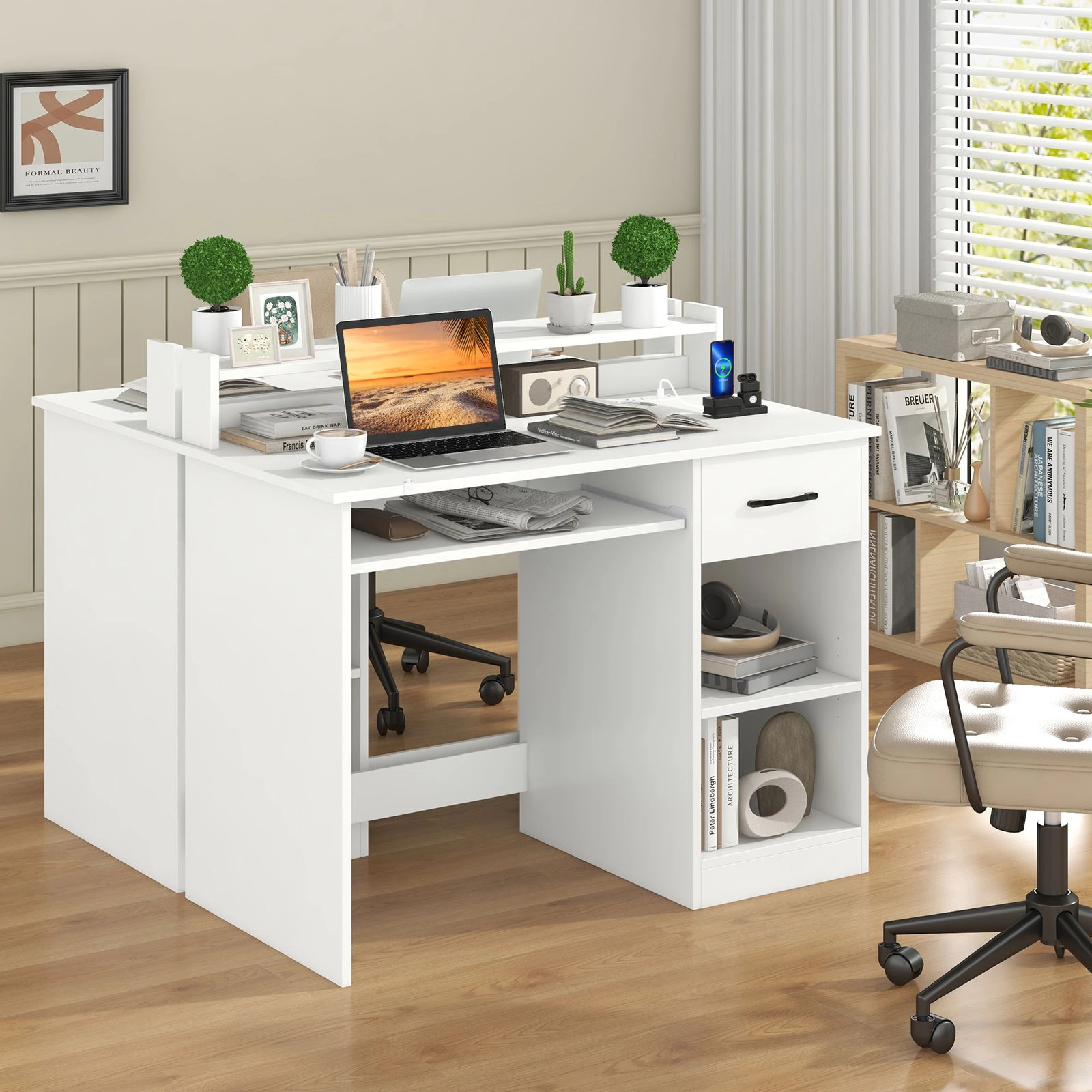 SlickBlue White Computer Desk with Charging Station