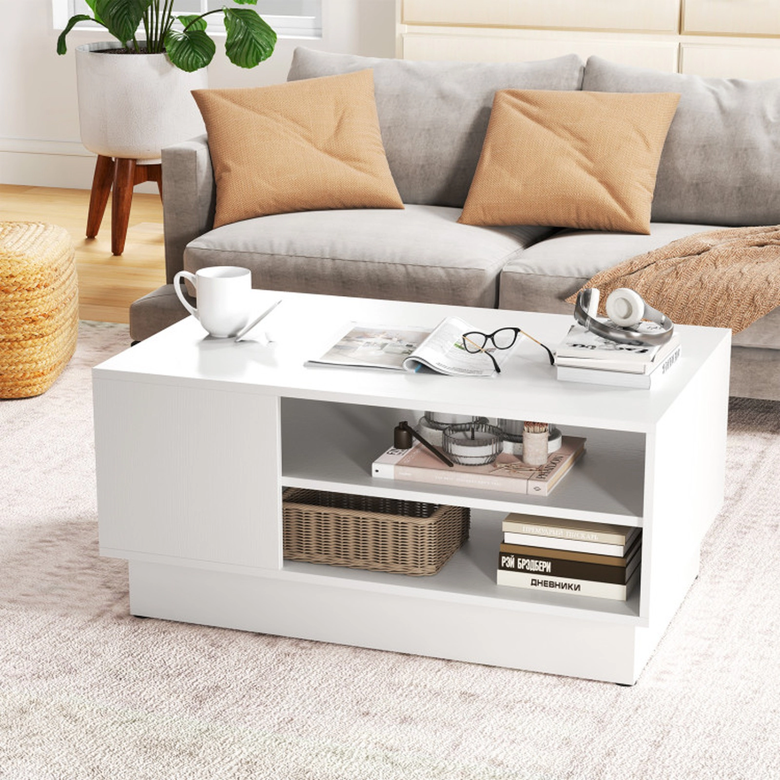 SUGIFT 34-in 132-lb Capacity Modern White Coffee Table with 2-Tier Open Storage and Recessed Base