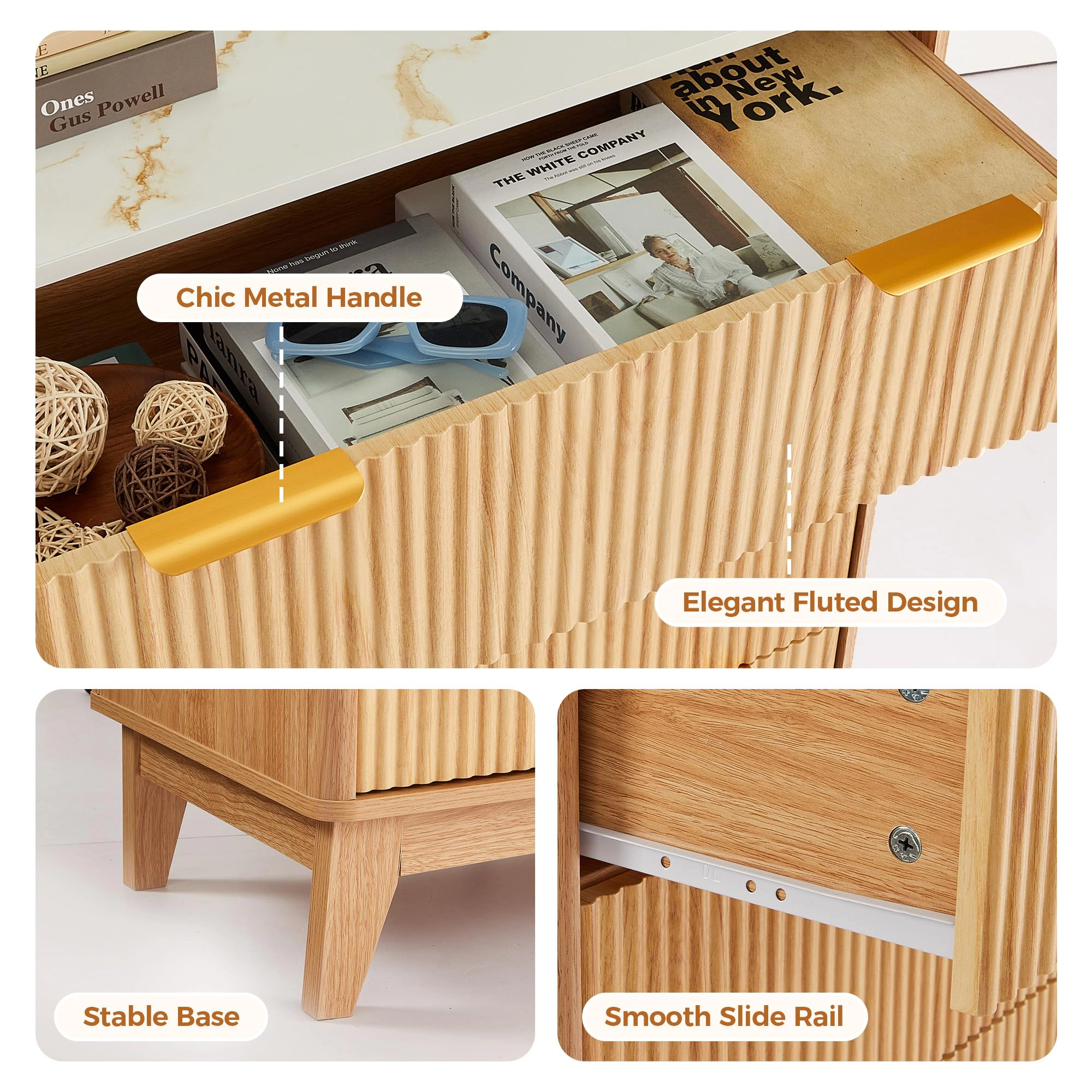 6-Drawer Dresser with Fluted Design and Gold Accents, 54" Wide Wood Storage Chest for Bedroom Living Room Entryway