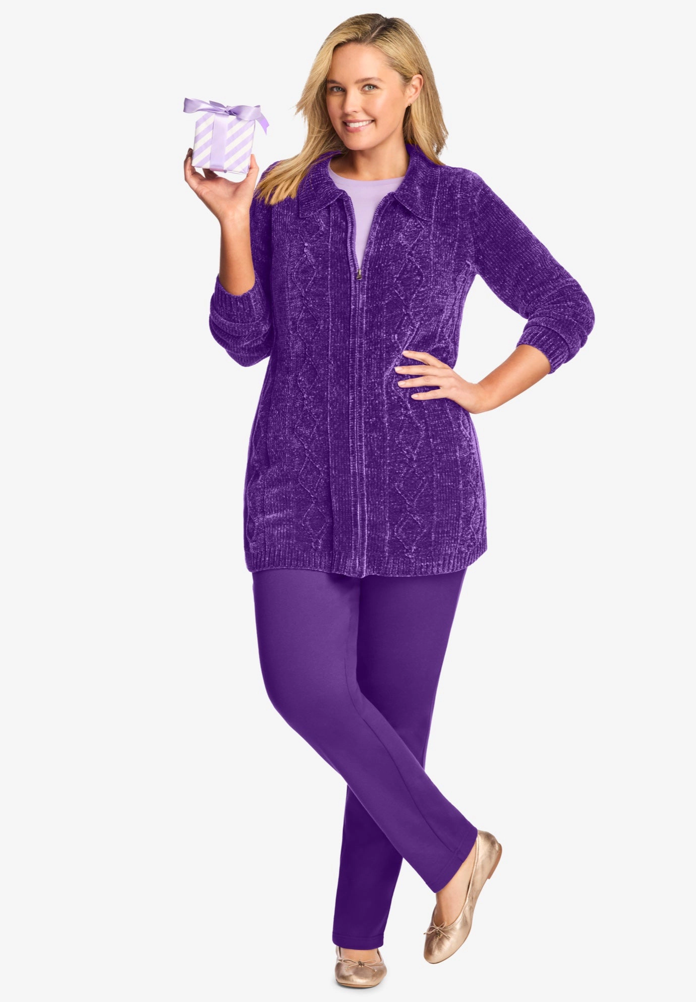 Woman Within Plus Size Chenille Zip Cable Cardigan Sweater
