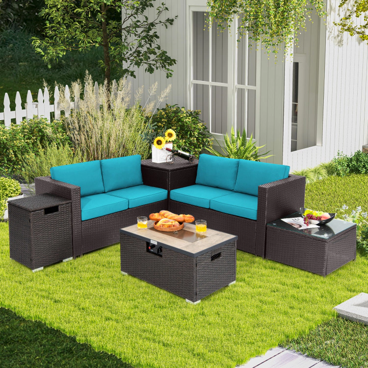 Hivvago 6 Pieces Outdoor Wicker Furniture Set With 32 Inch Propane Fire Pit Table