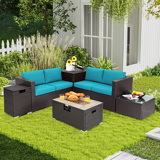 Hivvago 6 Pieces Outdoor Wicker Furniture Set With 32 Inch Propane Fire Pit Table