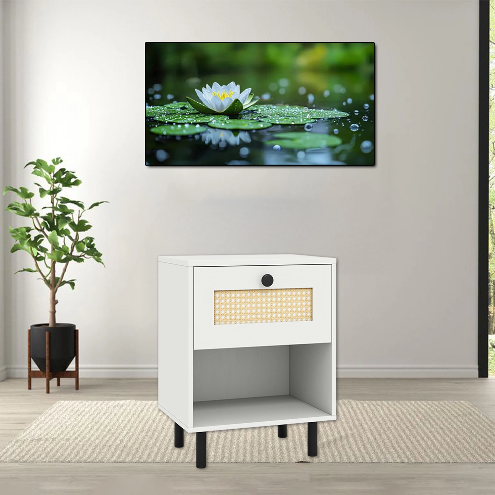 Hivvago Natural Rattan Night Table Featuring Woven Drawer and Storage Shelf