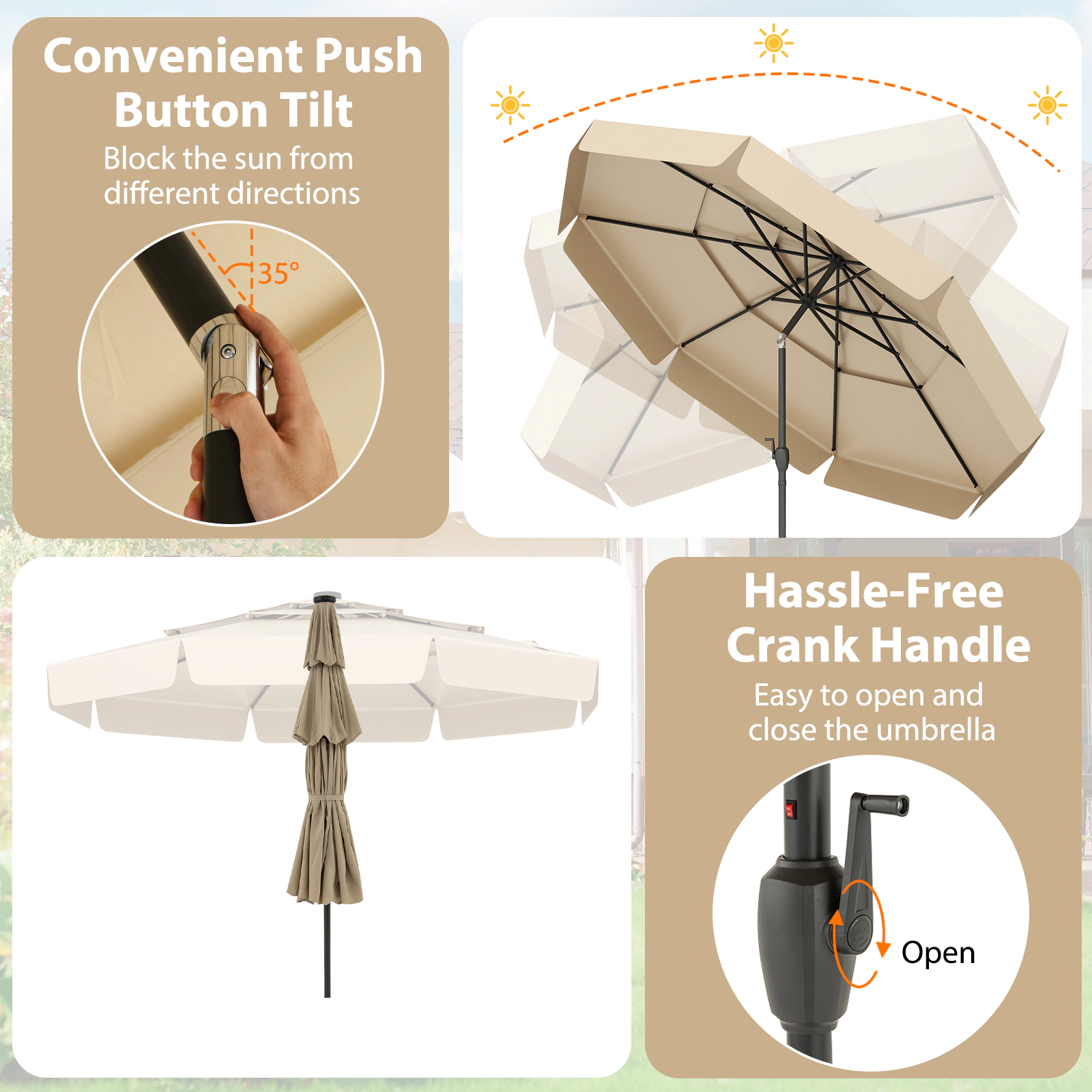 SUGIFT 3-Tier Vented Solar Patio Umbrella LED Lights 10-ft Canopy 10 x 8.1 in with Crank Handle & Push-Button Tilt Beige