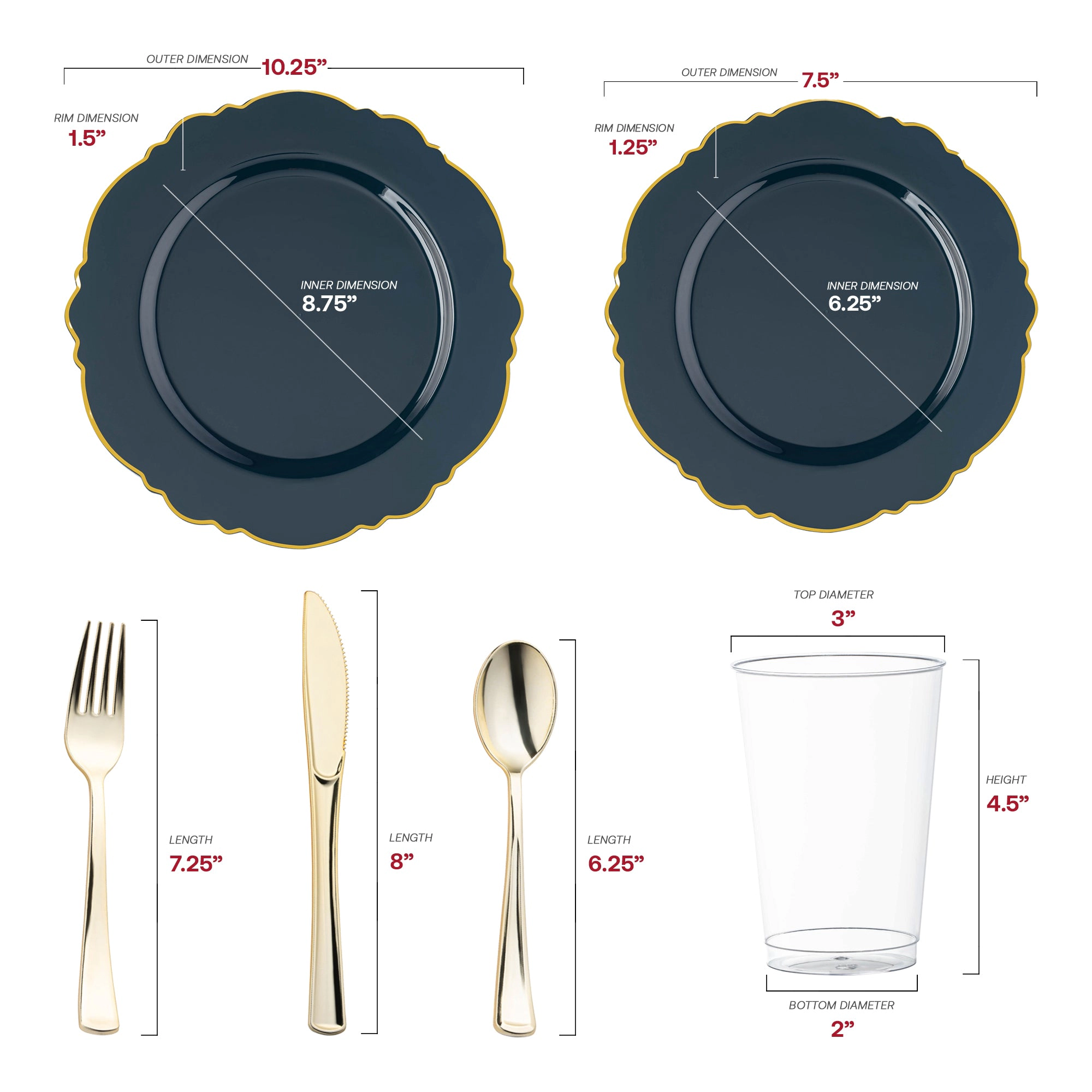 Smarty Had A Party Navy with Gold Rim Round Blossom Disposable Plastic Wedding Value Set