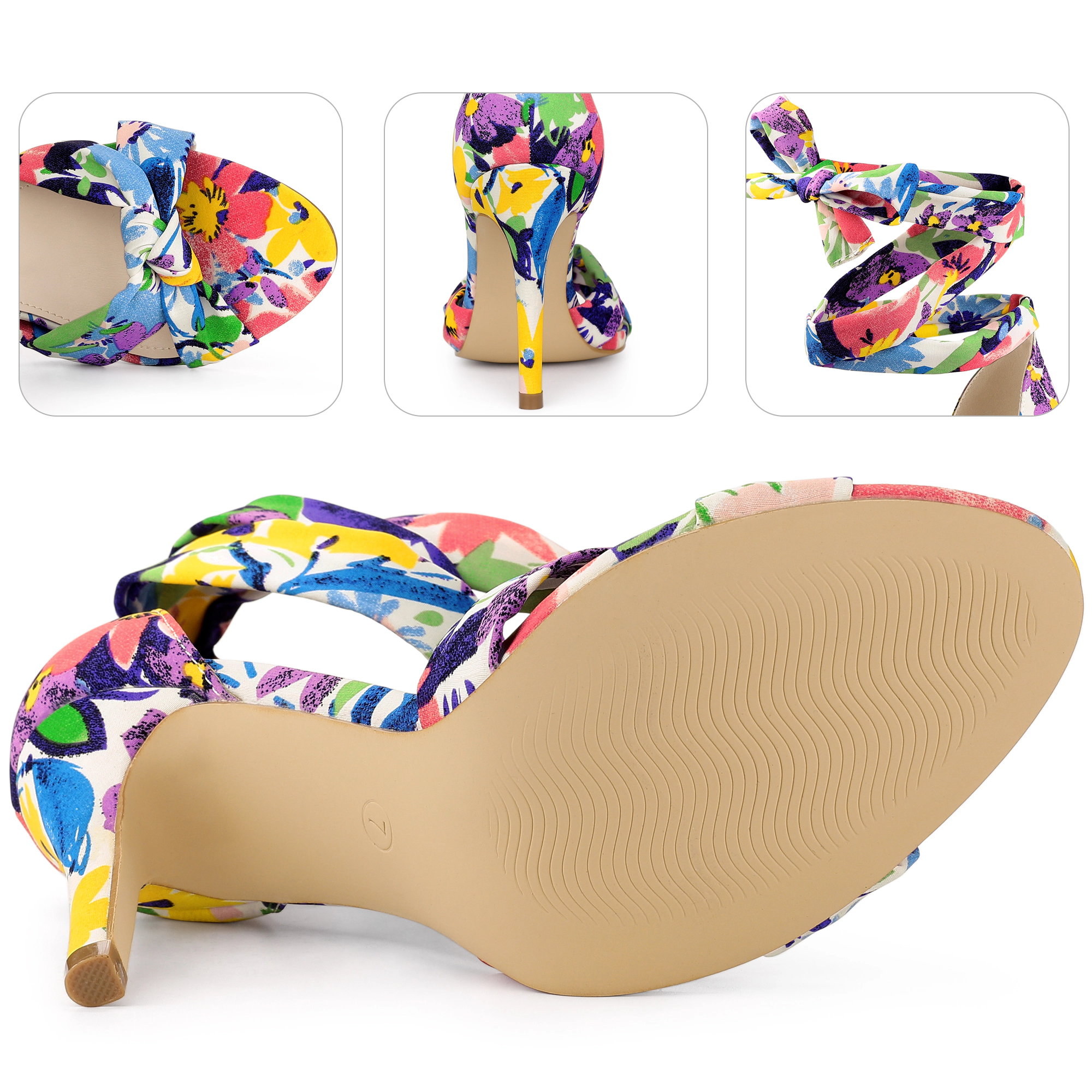 BLISSFUL STEP Women's Floral Print Open Toe Stiletto Heels Lace Up Twist Sandals