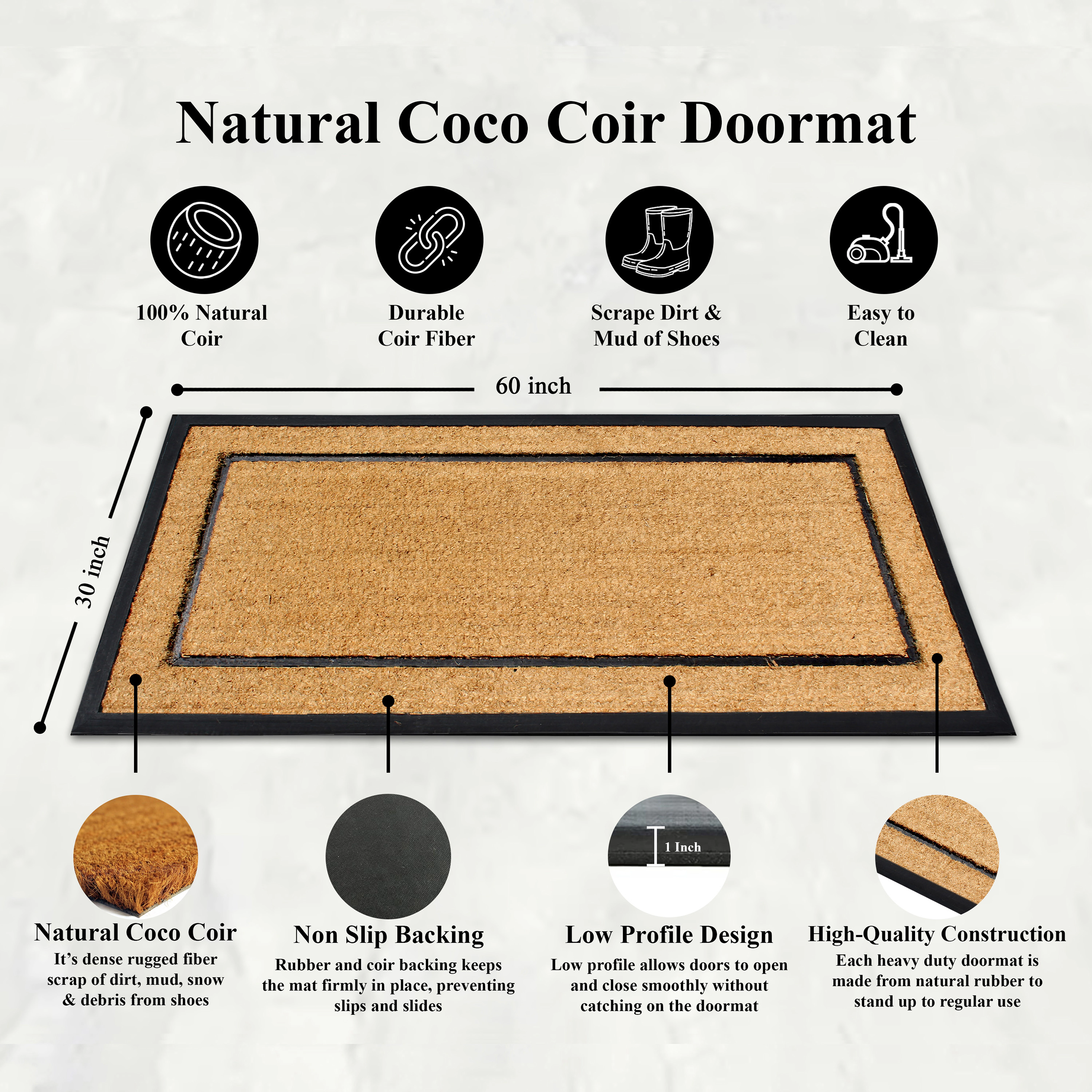 A1HC Coir and Rubber Door Mat 30x60 Inches Anti-Shed Fade-Resistant Heavy Duty Picture Frame Black