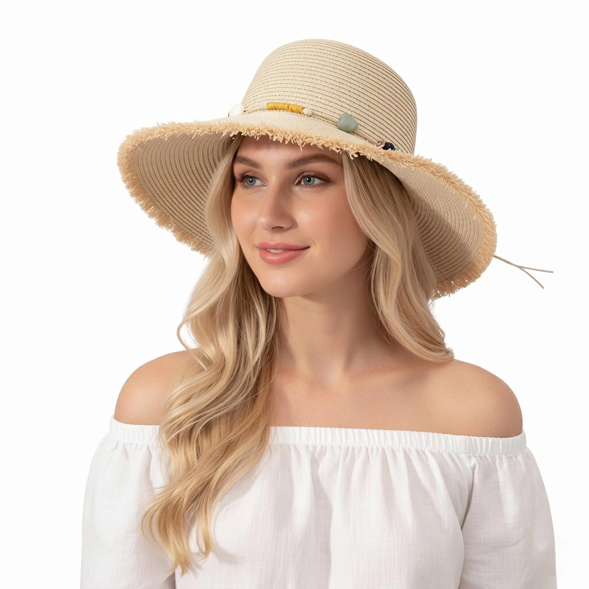 Anna-Kaci Womens Straw Sun Hat Wide Brim Beaded Trim Summer Beach Vacation Lightweight