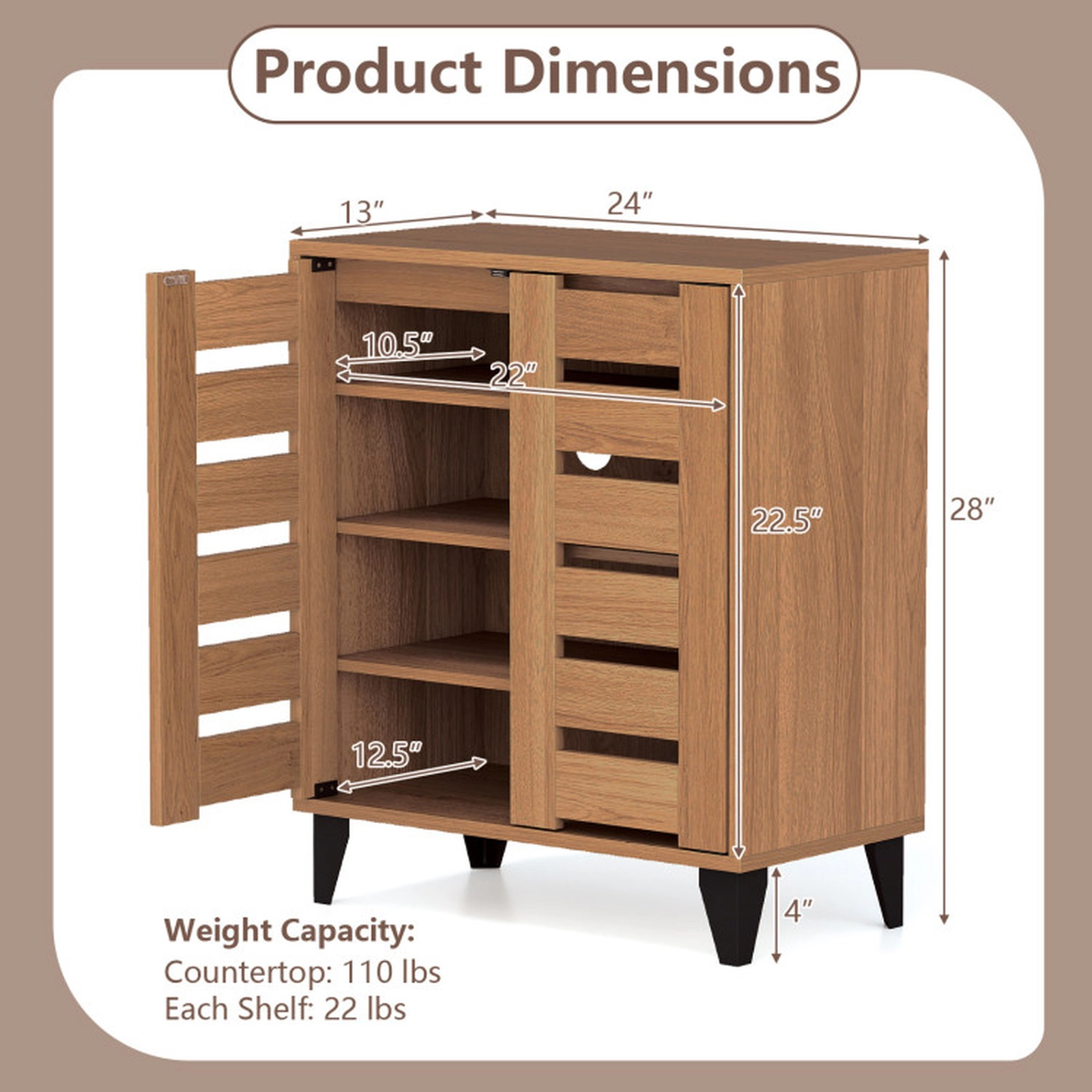 SUGIFT Natural Louvered Doors and 3 Adjustable Shelves 4-Tier Farmhouse Shoe Cabinet