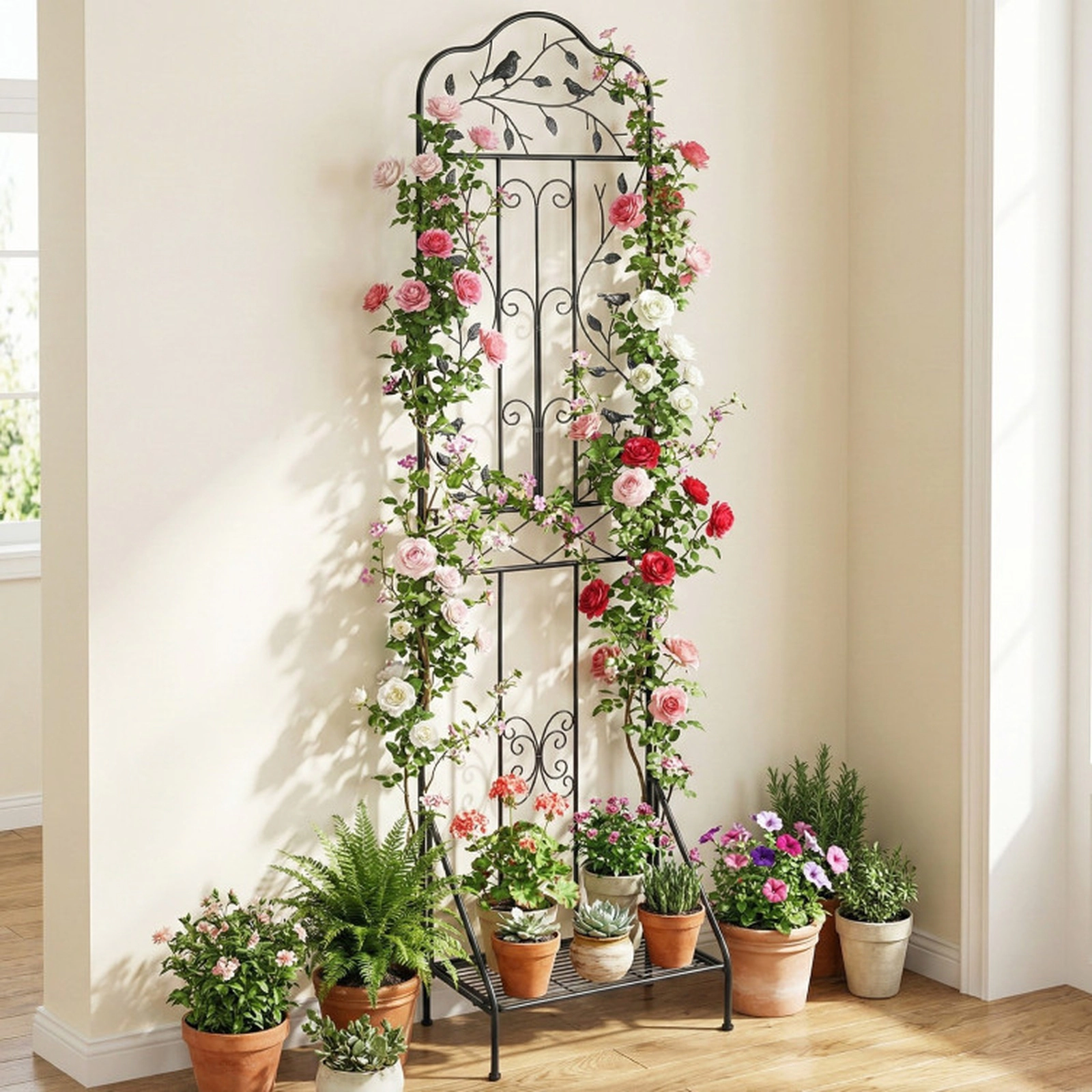 SUGIFT 75 x 20 in Outdoor Metal Garden Trellis with Foldable Bottom Shelf 33-lb Shelf Capacity 9-lb Frame Black